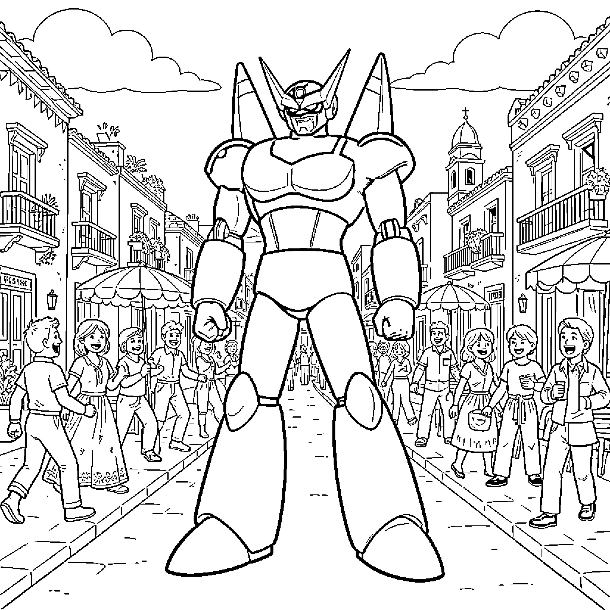 Mazinger Z standing tall in a busy city street Coloring Page (free black-and-white line drawing printable PDF for all, from beginners to advanced learners, including children, teens, adults, and seniors)