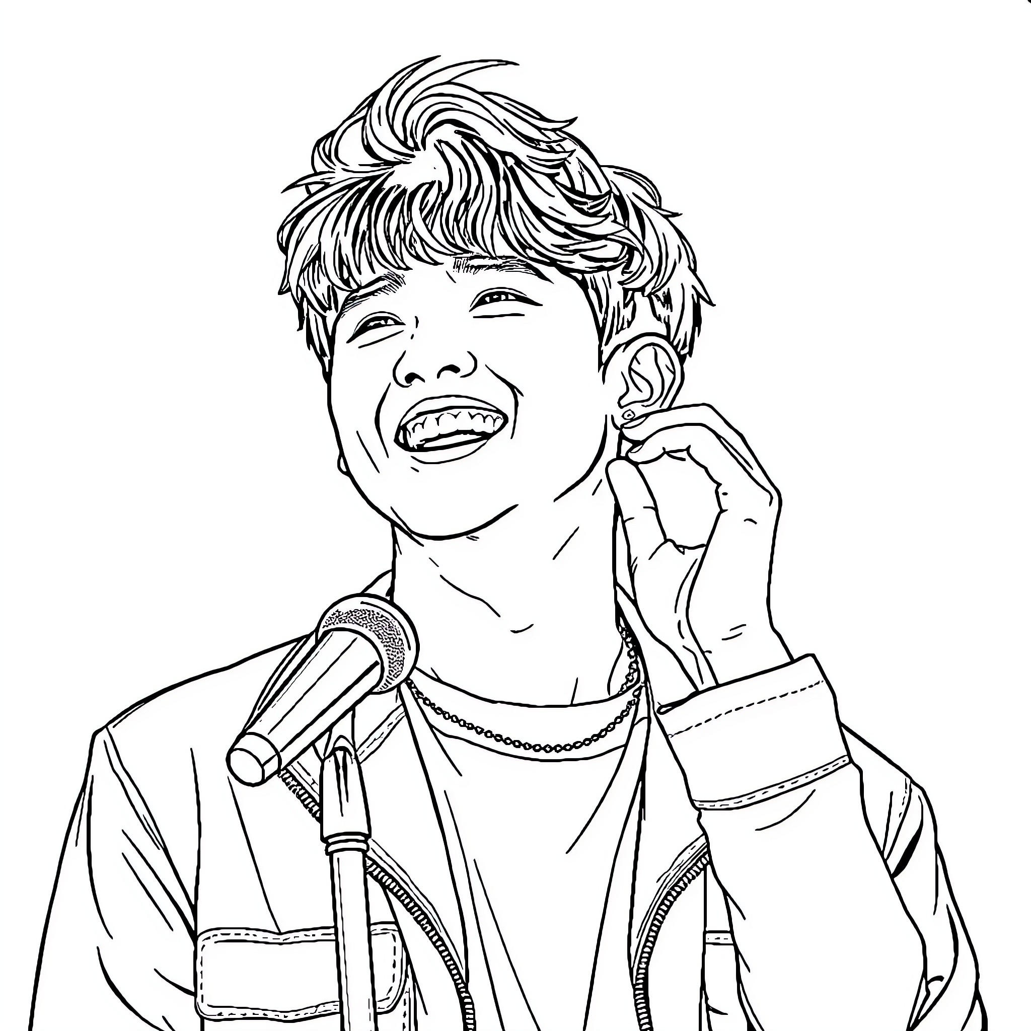Changbin's joyful performance with microphone Coloring Page (free black-and-white line drawing printable PDF for all, from beginners to advanced learners, including children, teens, adults, and seniors)