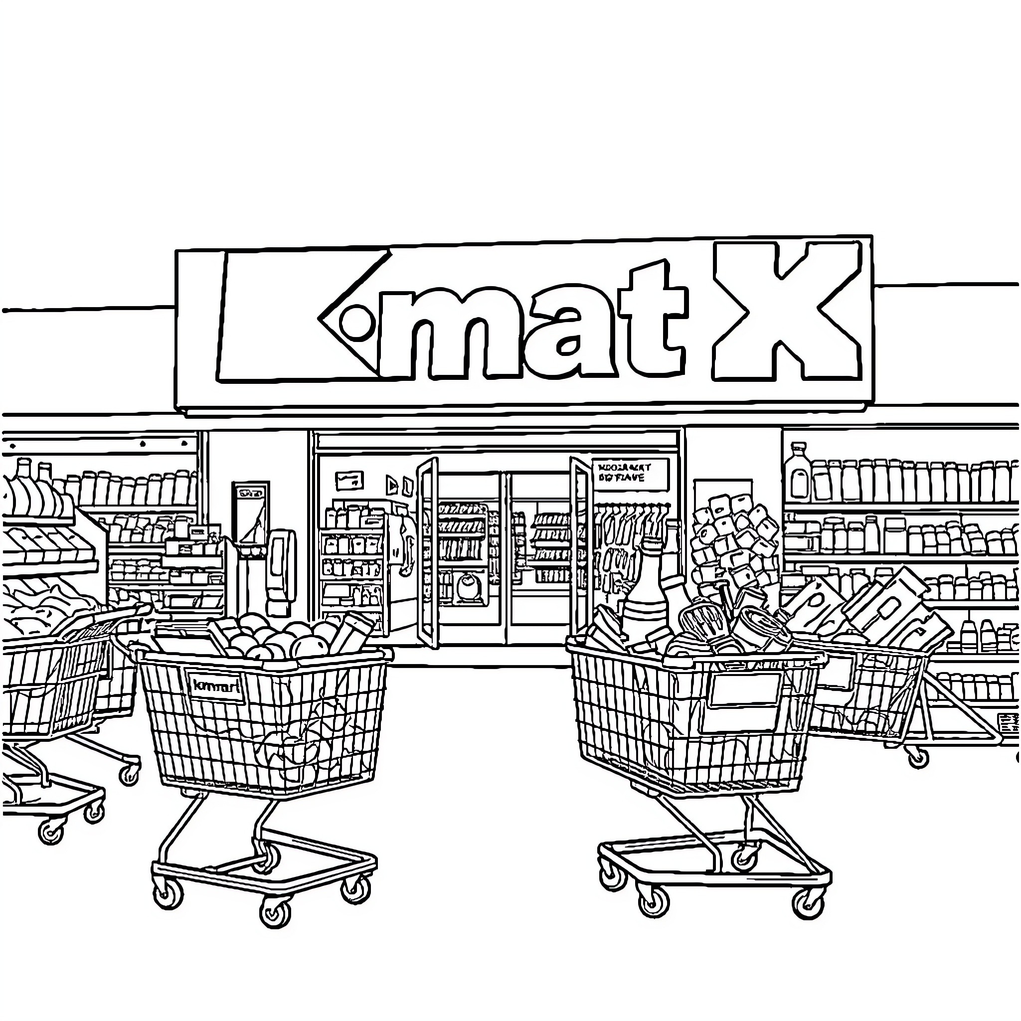 Kmart shoppers browsing the store's aisles Coloring Page (free black-and-white line drawing printable PDF for all, from beginners to advanced learners, including children, teens, adults, and seniors)