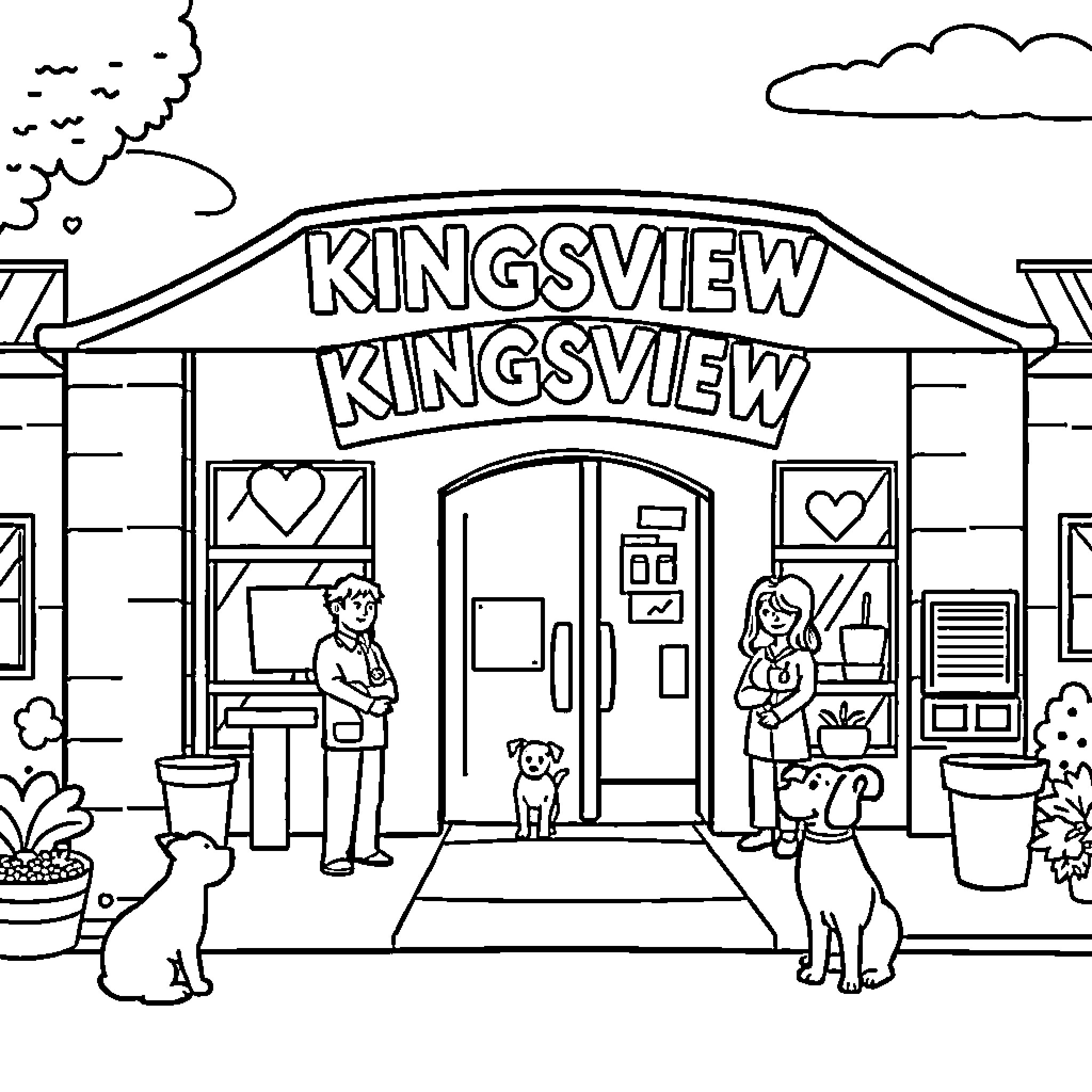 Animal Hospital with Patients and Staff at Kingsview Coloring Page (free black-and-white line drawing printable PDF for all, from beginners to advanced learners, including children, teens, adults, and seniors)