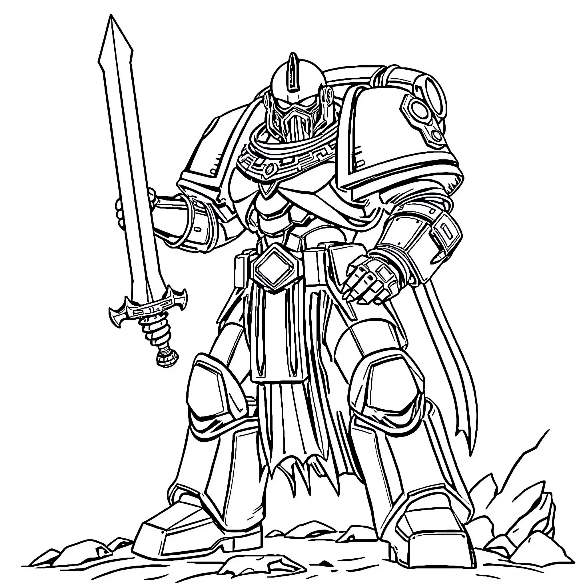 Space Marine wielding powerful weapon on barren terrain Coloring Page (free black-and-white line drawing printable PDF for all, from beginners to advanced learners, including children, teens, adults, and seniors)