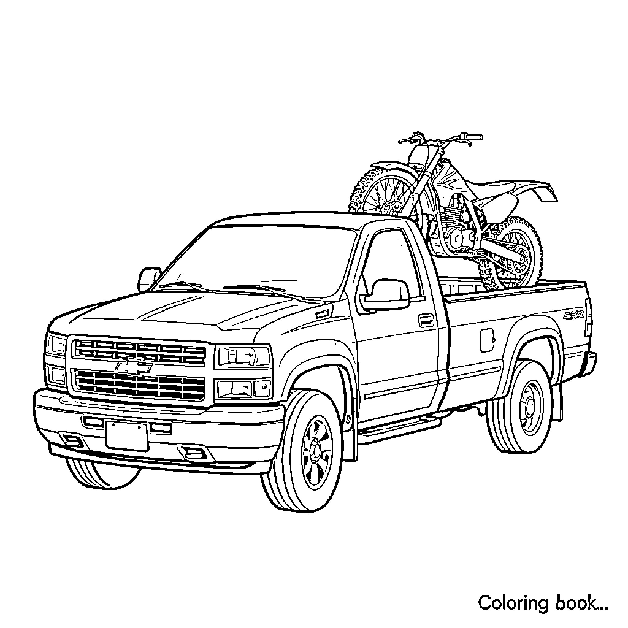 Chevrolet pickup truck transporting a dirt bike in the bed Coloring Page (free black-and-white line drawing printable PDF for all, from beginners to advanced learners, including children, teens, adults, and seniors)