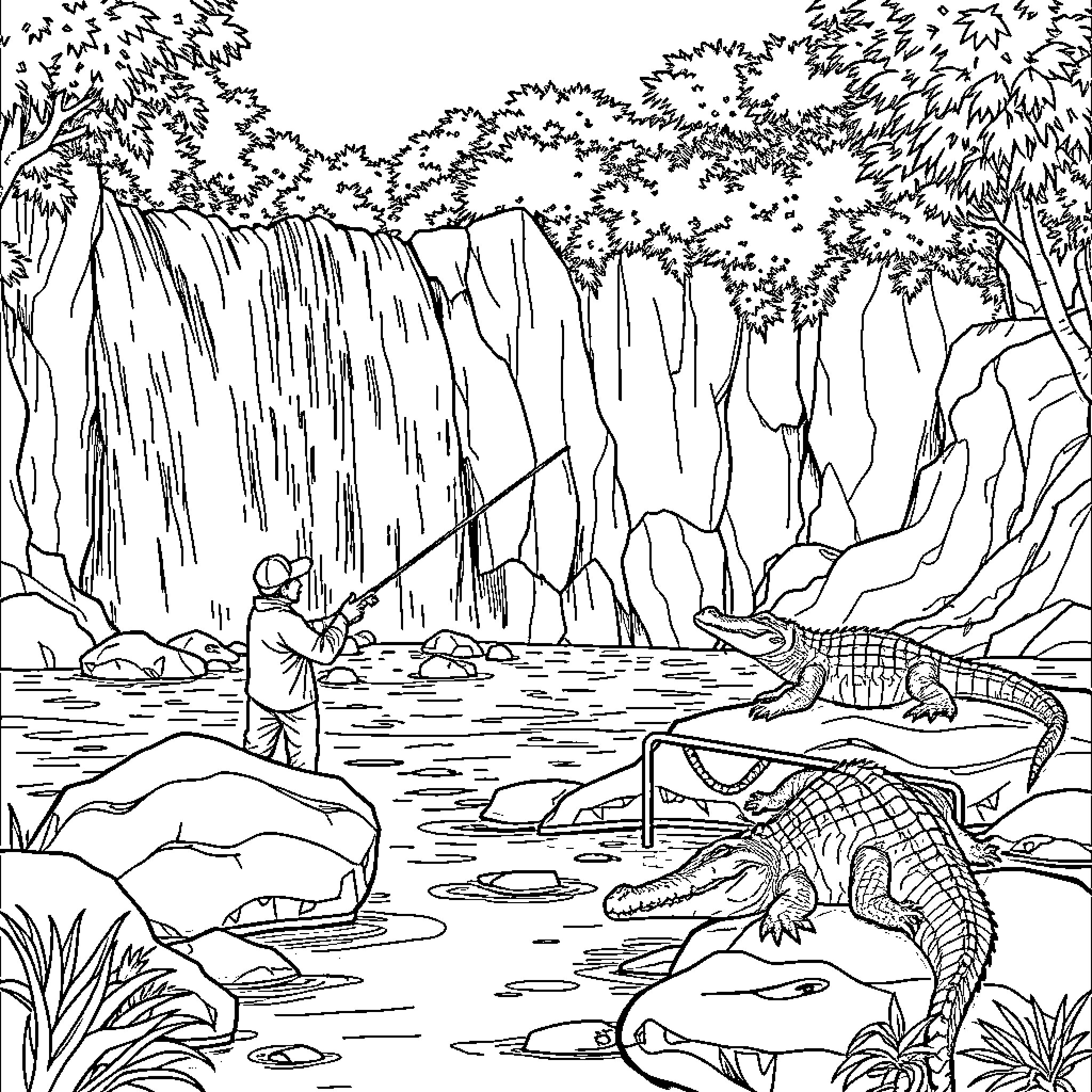 Crocodiles lounging near a cascading waterfall Coloring Page (free black-and-white line drawing printable PDF for all, from beginners to advanced learners, including children, teens, adults, and seniors)