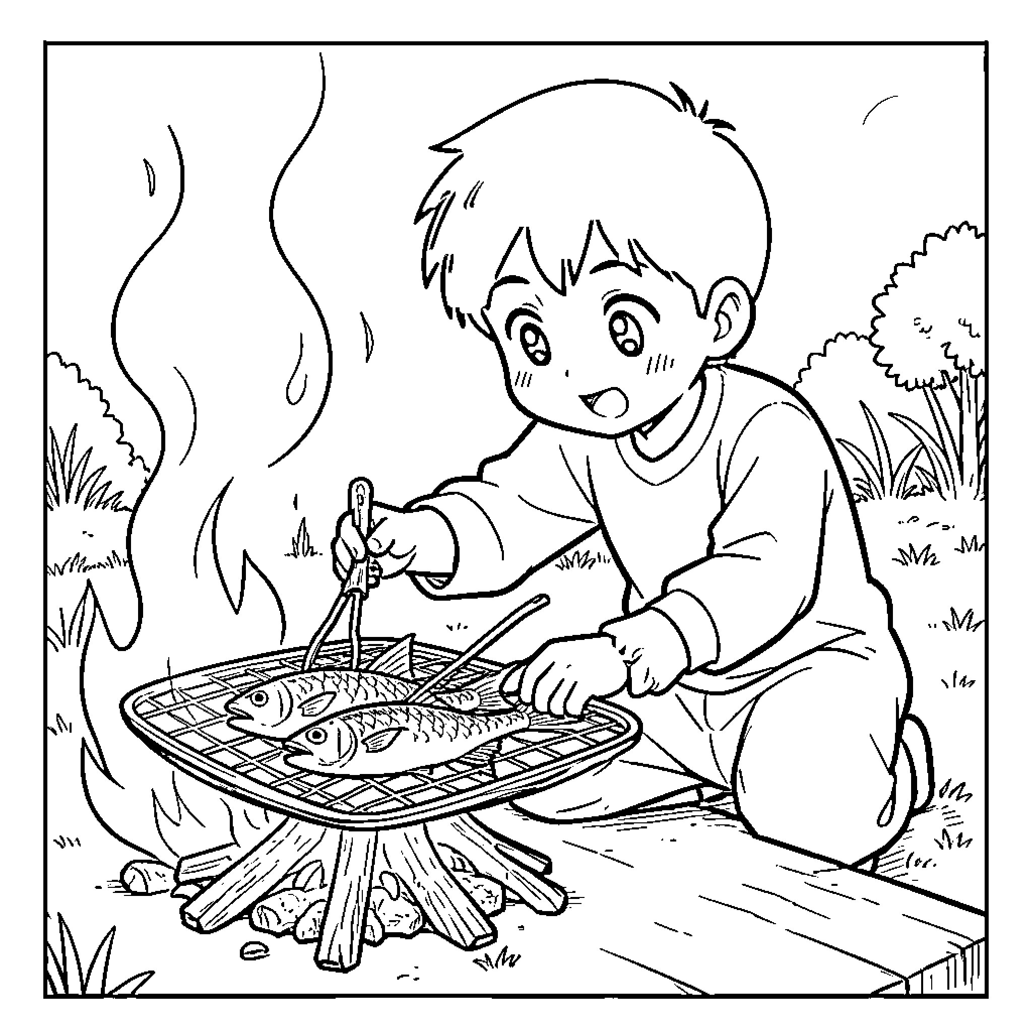 Hanako-kun Grilling Fish Over a Campfire Coloring Page (free black-and-white line drawing printable PDF for all, from beginners to advanced learners, including children, teens, adults, and seniors)