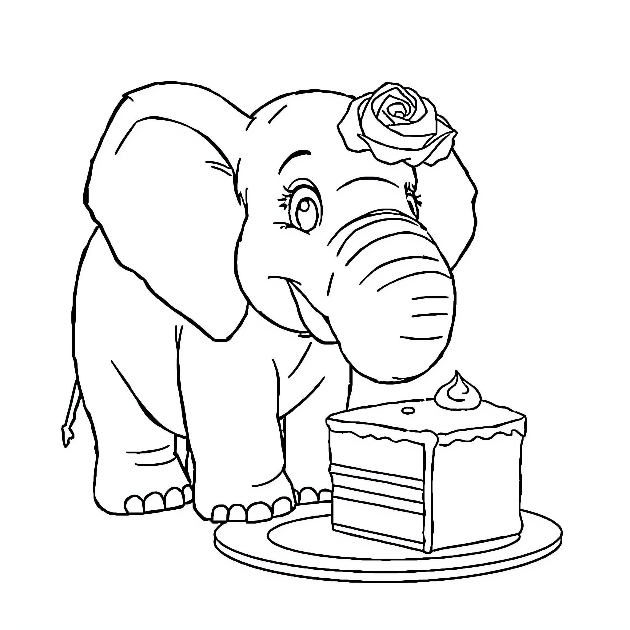 Elephant admiring cake with rose Coloring Page (free black-and-white line drawing printable PDF for all, from beginners to advanced learners, including children, teens, adults, and seniors)