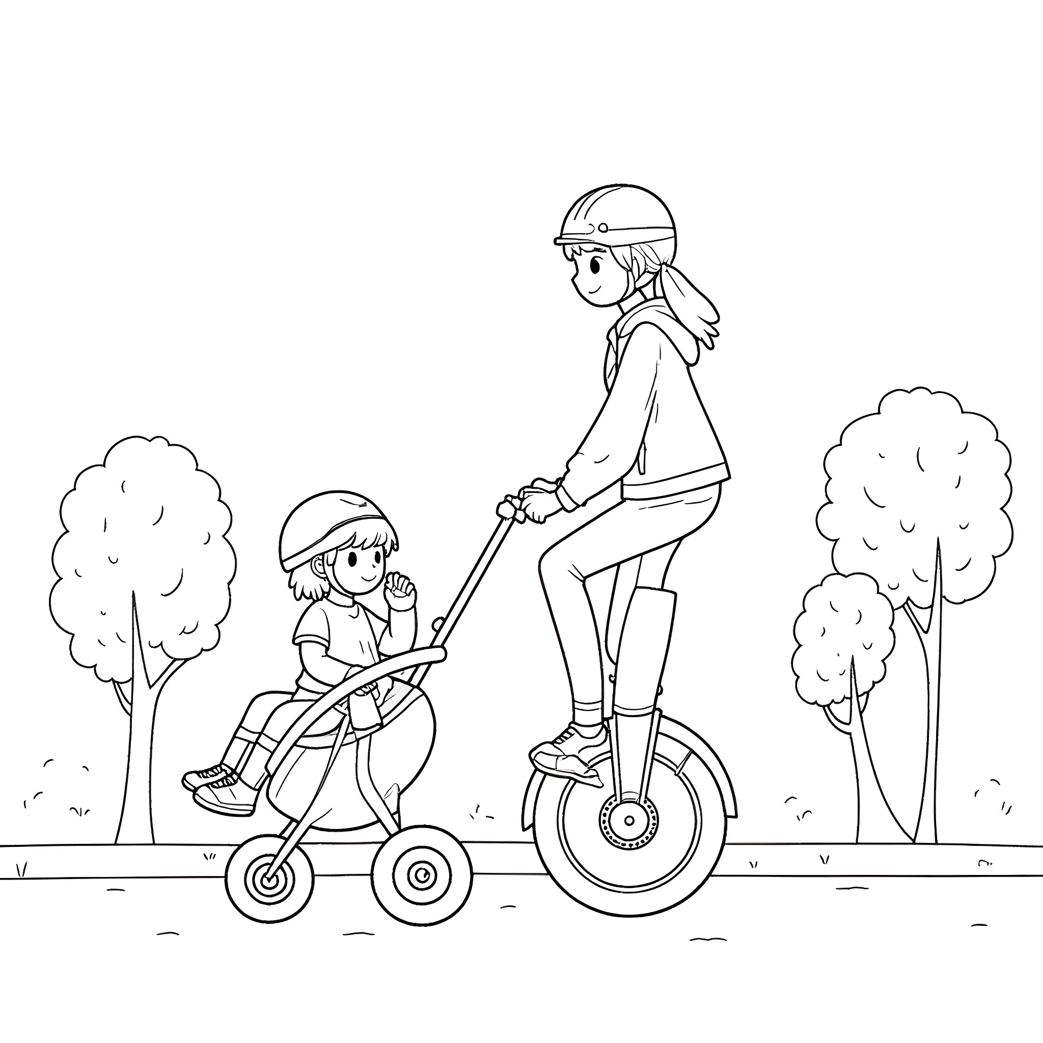 Kid rides unicycle with child in stroller Coloring Page (free black-and-white line drawing printable PDF for all, from beginners to advanced learners, including children, teens, adults, and seniors)