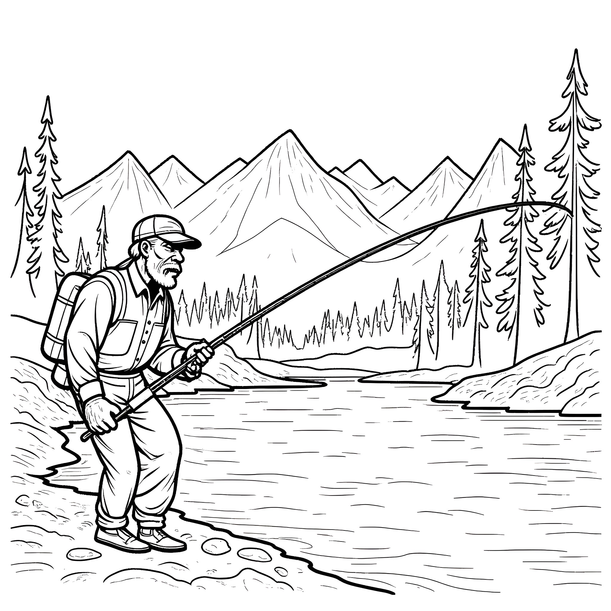 Old Man Fishing in a Serene Mountain Landscape Coloring Page (free black-and-white line drawing printable PDF for all, from beginners to advanced learners, including children, teens, adults, and seniors)