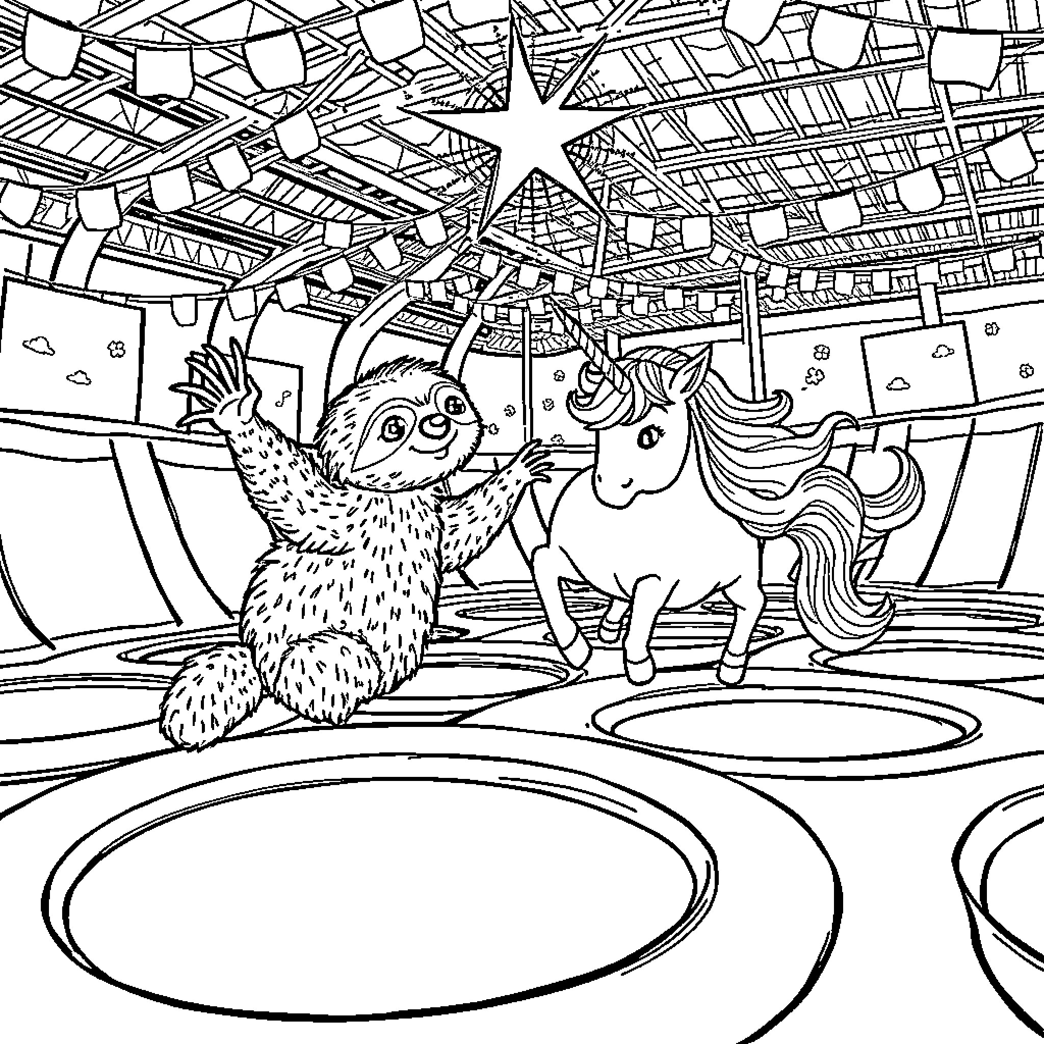Sloth and Unicorn Explore the Circus Tent Coloring Page (free black-and-white line drawing printable PDF for all, from beginners to advanced learners, including children, teens, adults, and seniors)