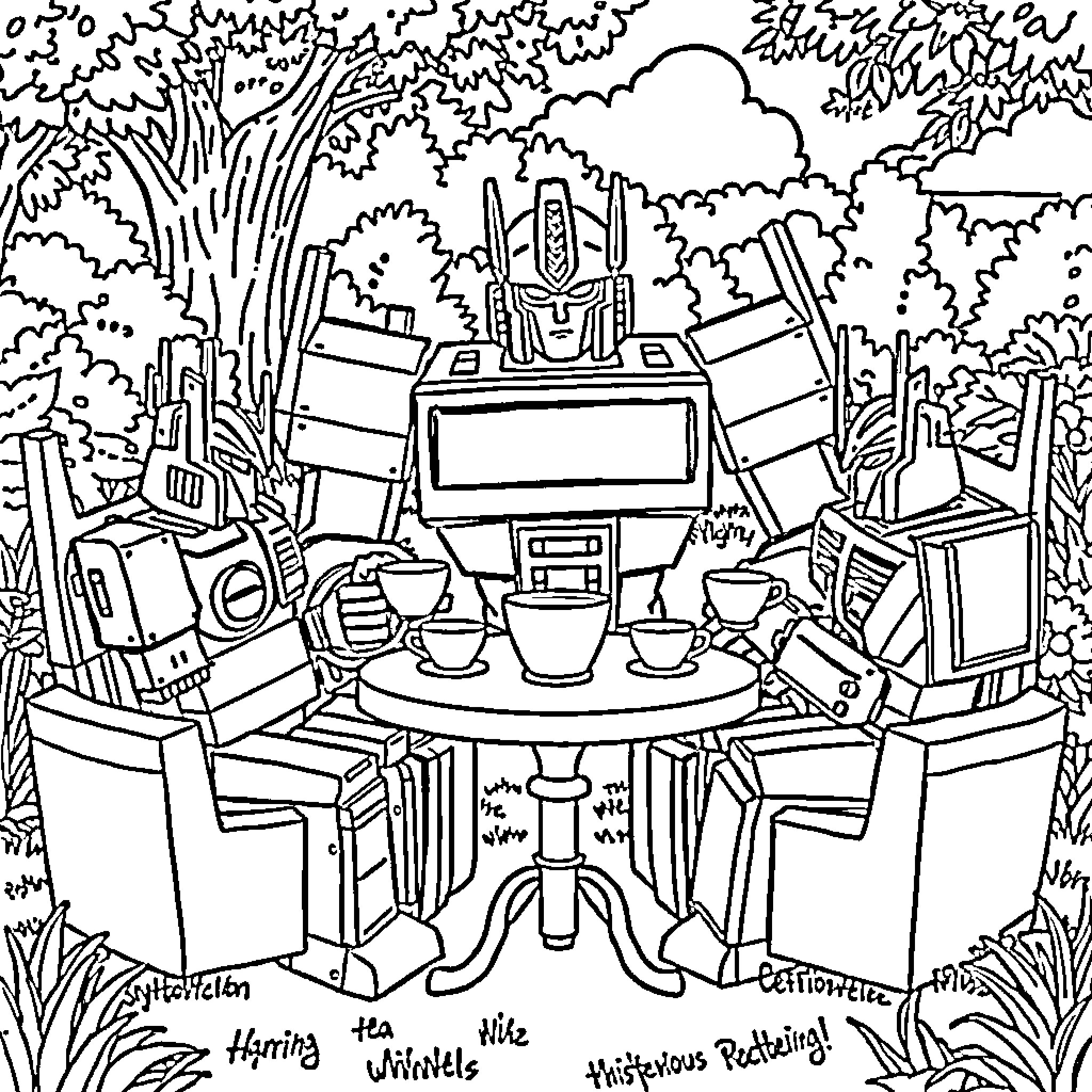 Optimus Prime's Whimsical Robotic Tea Party in the Wilderness Coloring Page (free black-and-white line drawing printable PDF for all, from beginners to advanced learners, including children, teens, adults, and seniors)