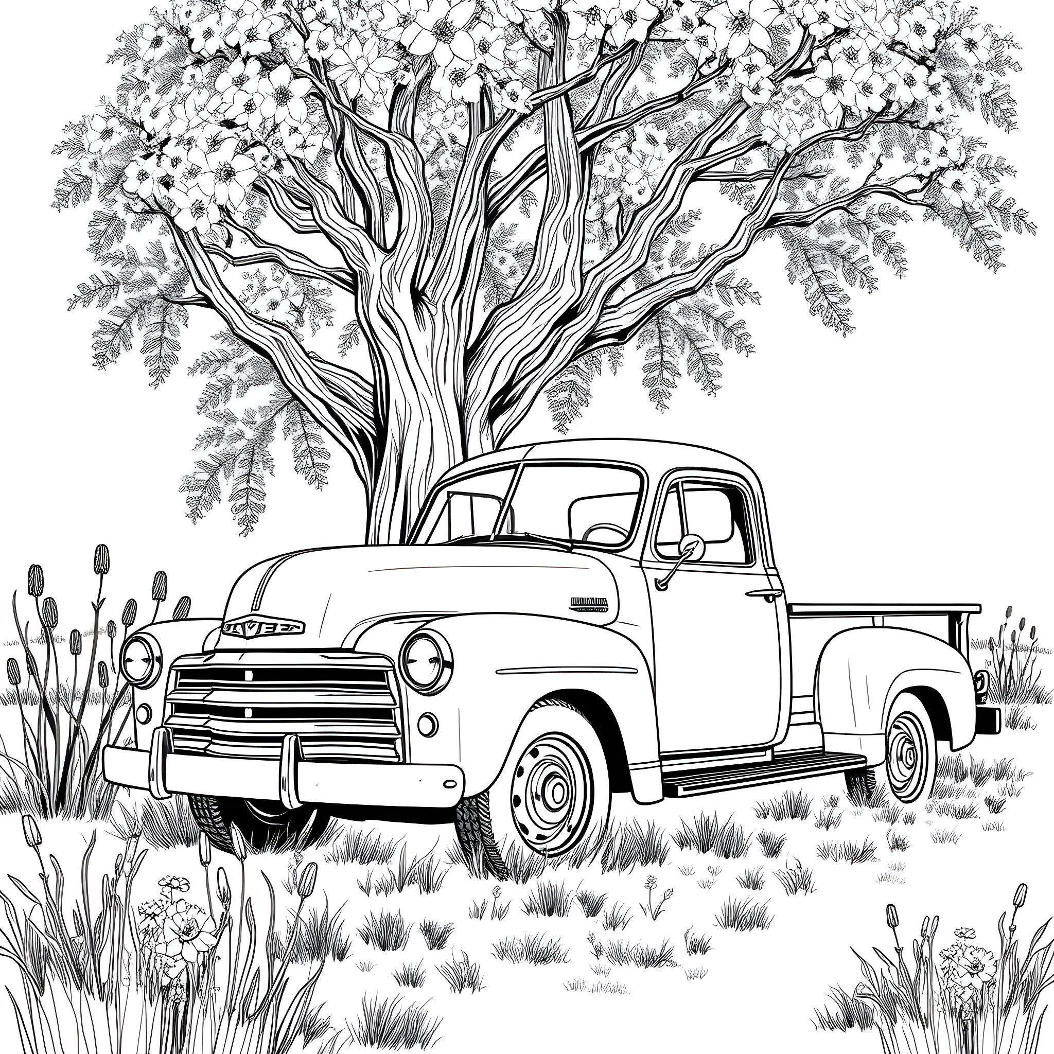 Truck Parked Under Blooming Tree in Scenic Nature Coloring Page (free black-and-white line drawing printable PDF for all, from beginners to advanced learners, including children, teens, adults, and seniors)
