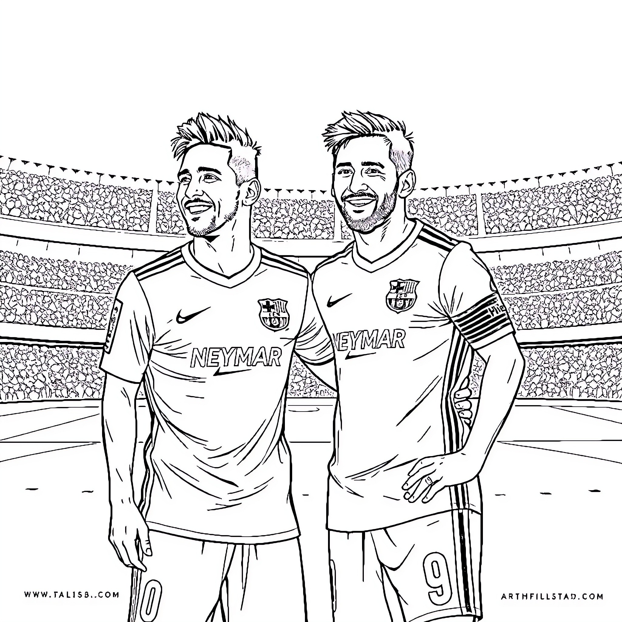 Neymar's Rival Soccer Stars on the Field Coloring Page (free black-and-white line drawing printable PDF for all, from beginners to advanced learners, including children, teens, adults, and seniors)