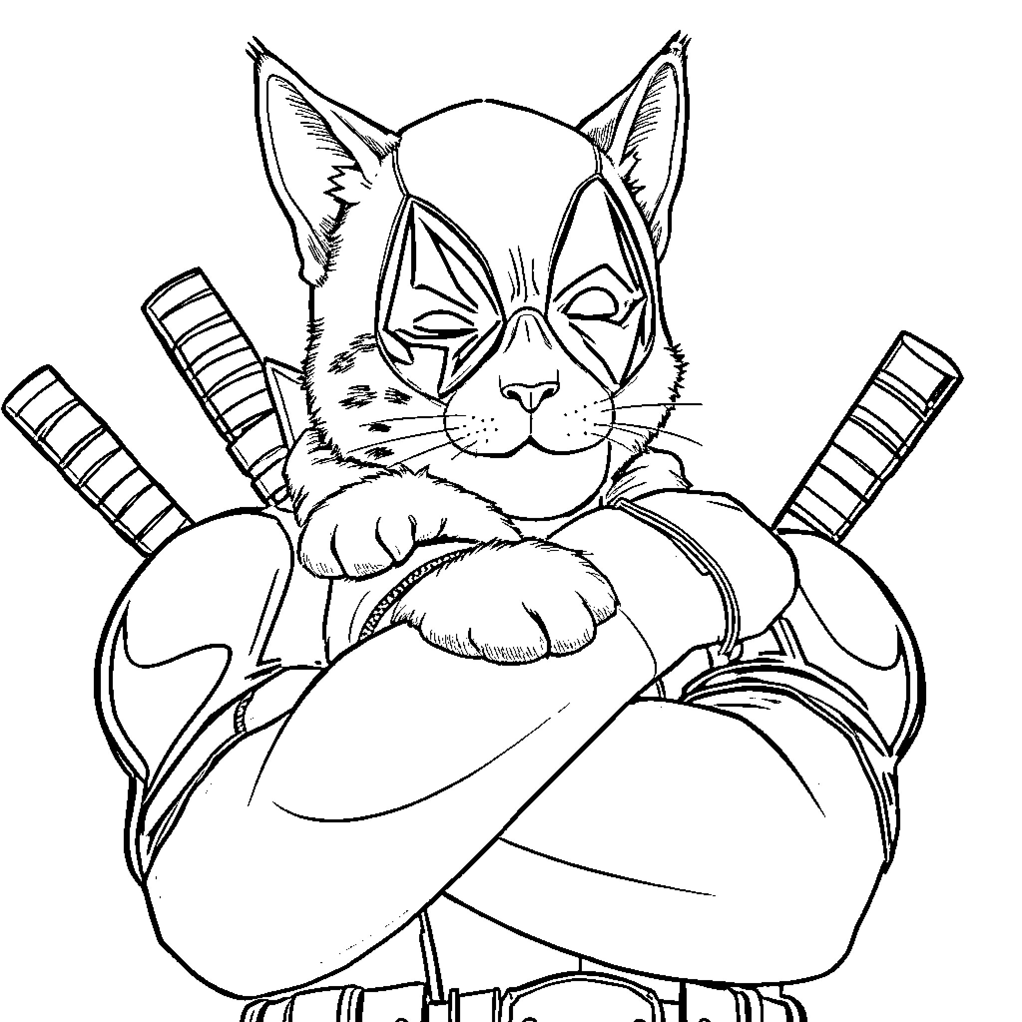 Cat superhero in action pose Coloring Page (free black-and-white line drawing printable PDF for all, from beginners to advanced learners, including children, teens, adults, and seniors)