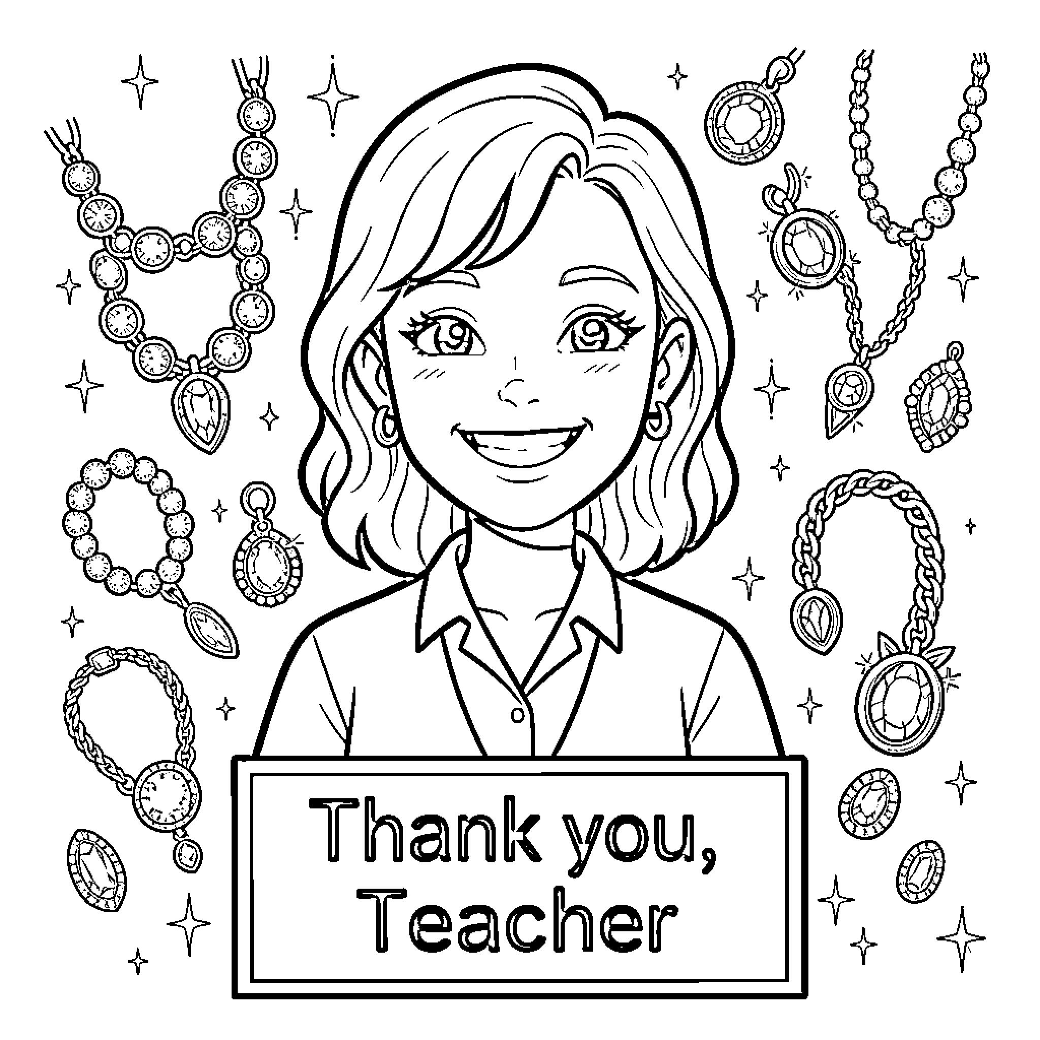 Jewelry surrounding a smiling teacher celebrating appreciation Coloring Page (free black-and-white line drawing printable PDF for all, from beginners to advanced learners, including children, teens, adults, and seniors)