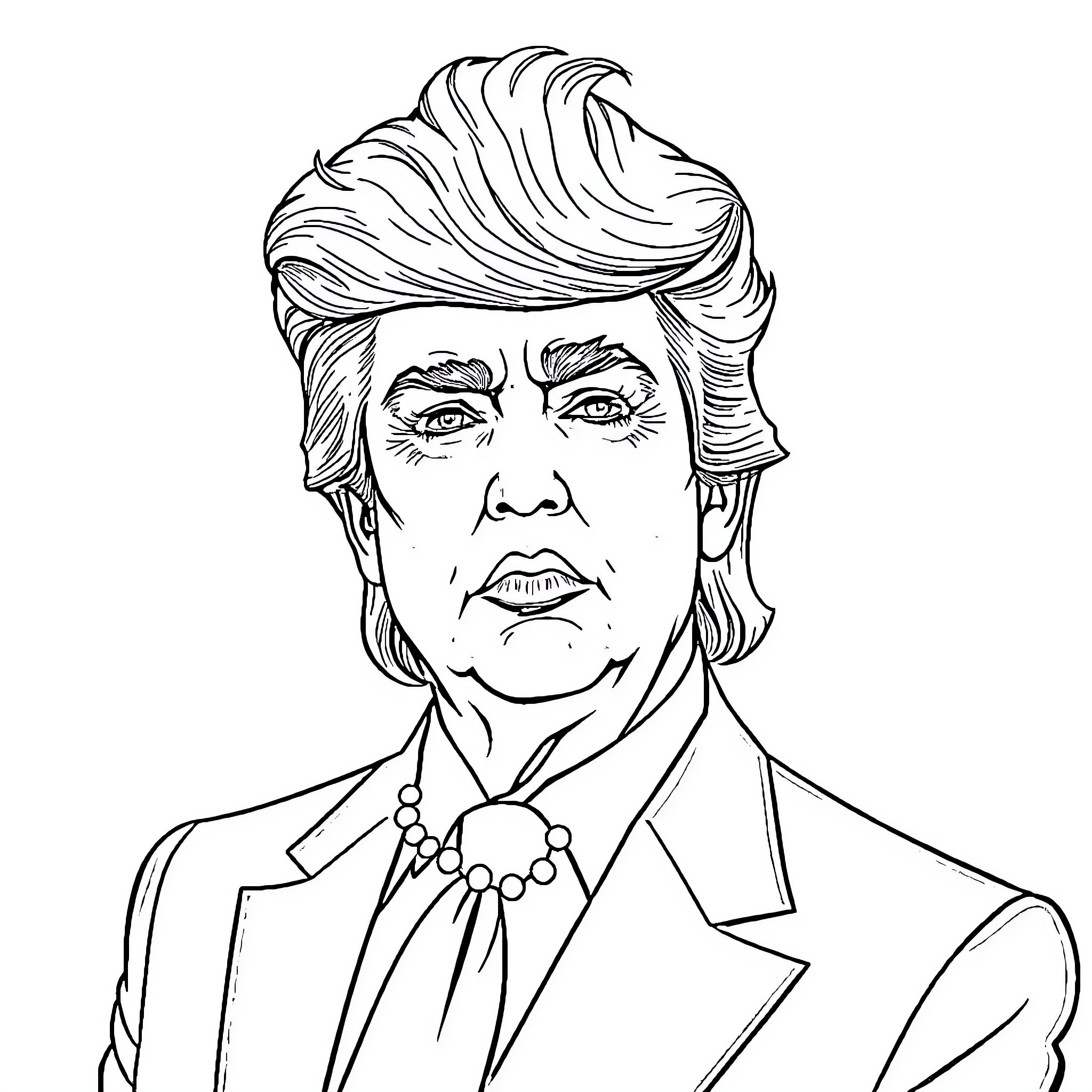 Donald Trump's Serious Expression in Formal Attire Coloring Page (free black-and-white line drawing printable PDF for all, from beginners to advanced learners, including children, teens, adults, and seniors)