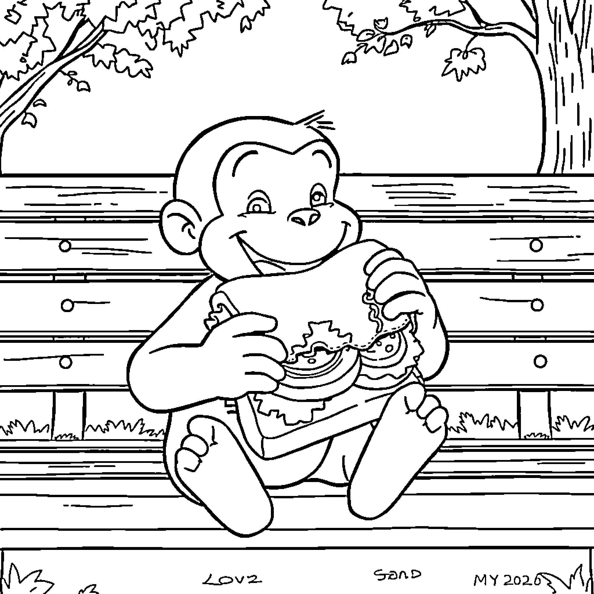 Curious George enjoys a snack outdoors Coloring Page (free black-and-white line drawing printable PDF for all, from beginners to advanced learners, including children, teens, adults, and seniors)
