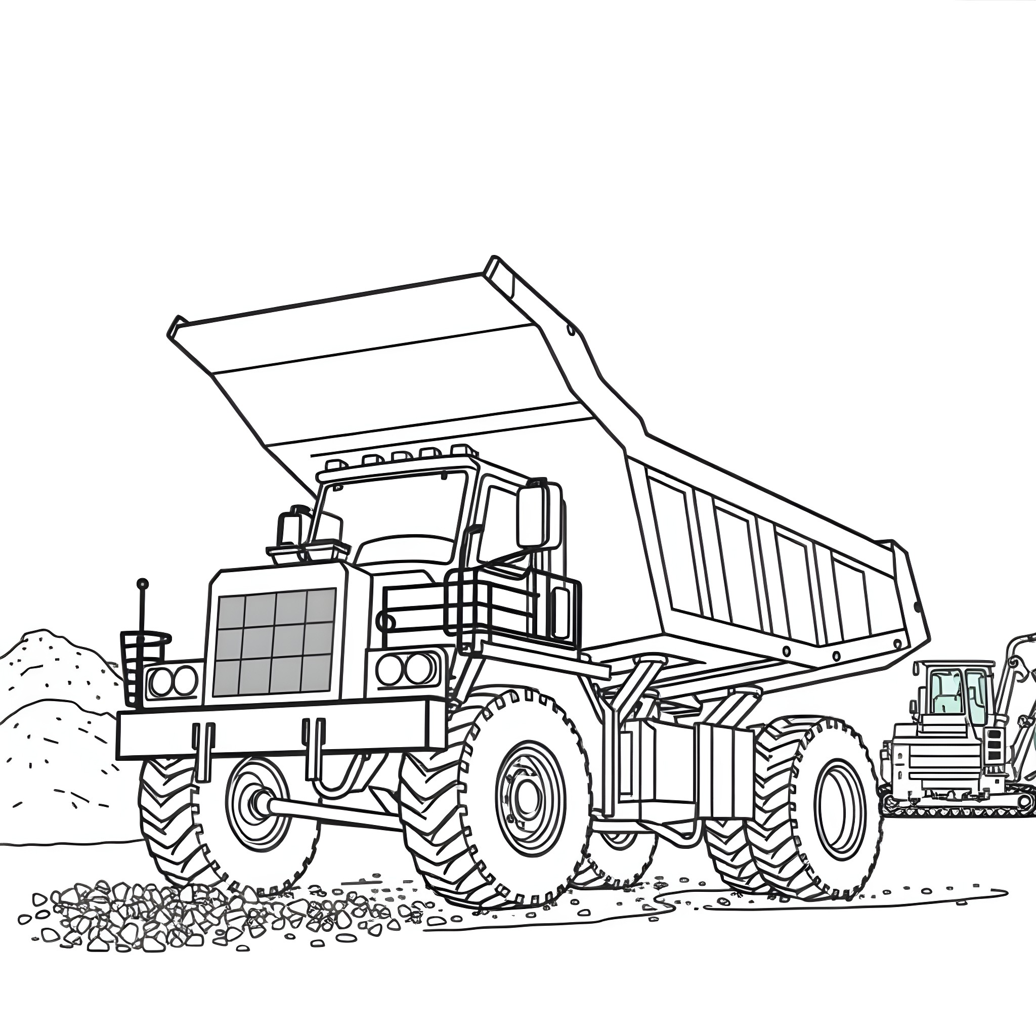 Dumper truck transporting industrial materials Coloring Page (free black-and-white line drawing printable PDF for all, from beginners to advanced learners, including children, teens, adults, and seniors)
