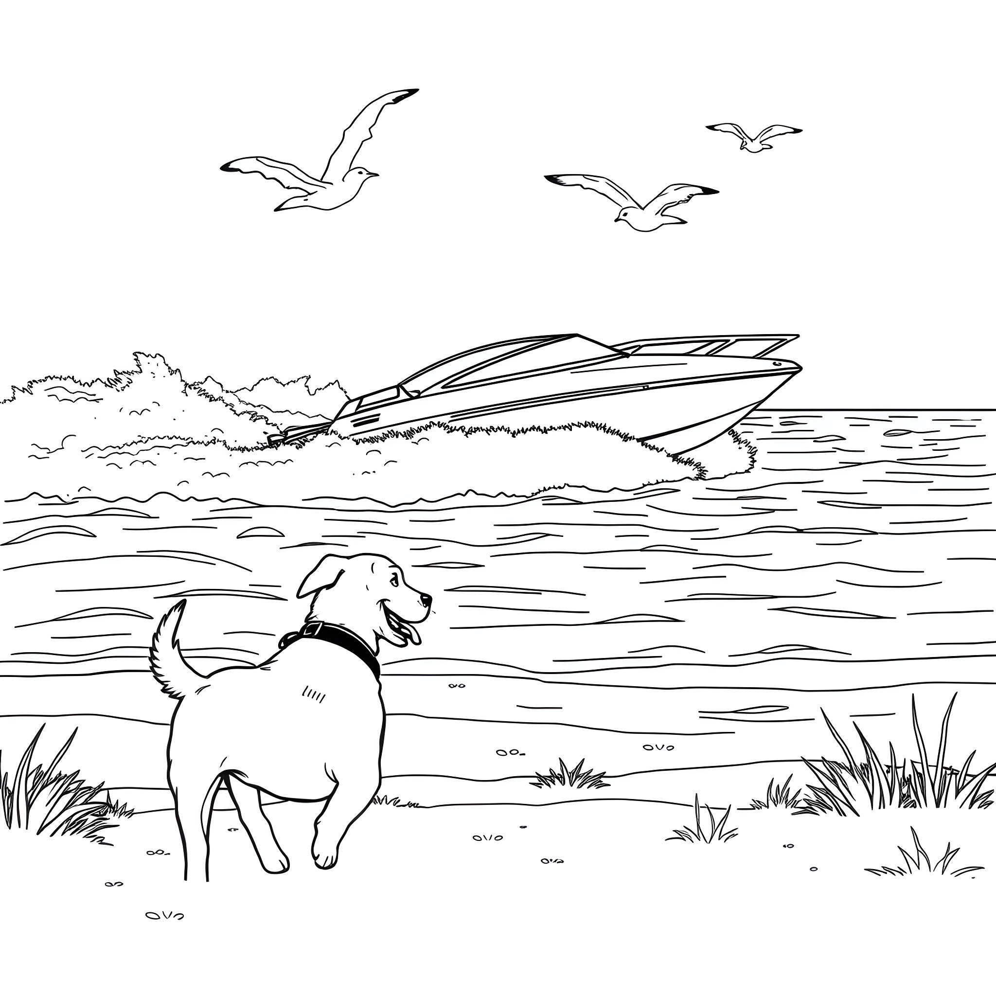 Dog enjoying the beach with speedboat and seagulls Coloring Page (free black-and-white line drawing printable PDF for all, from beginners to advanced learners, including children, teens, adults, and seniors)