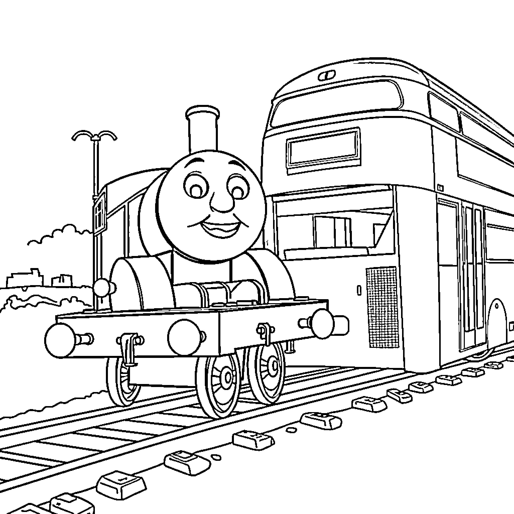 Thomas the Train Enjoying a Scenic Railway Ride Coloring Page (free black-and-white line drawing printable PDF for all, from beginners to advanced learners, including children, teens, adults, and seniors)