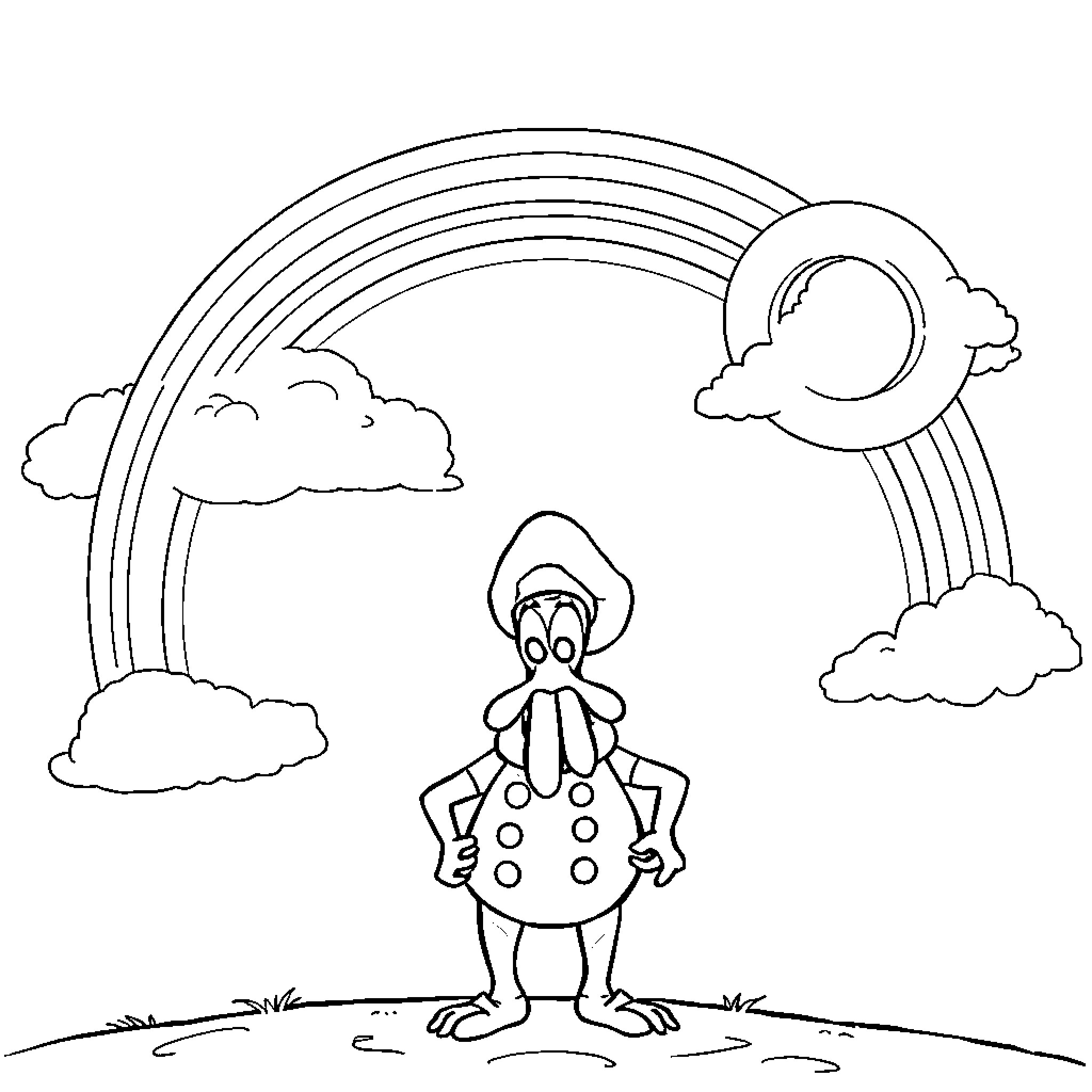 Captain Barnacles enjoys a rainbow-filled adventure Coloring Page (free black-and-white line drawing printable PDF for all, from beginners to advanced learners, including children, teens, adults, and seniors)