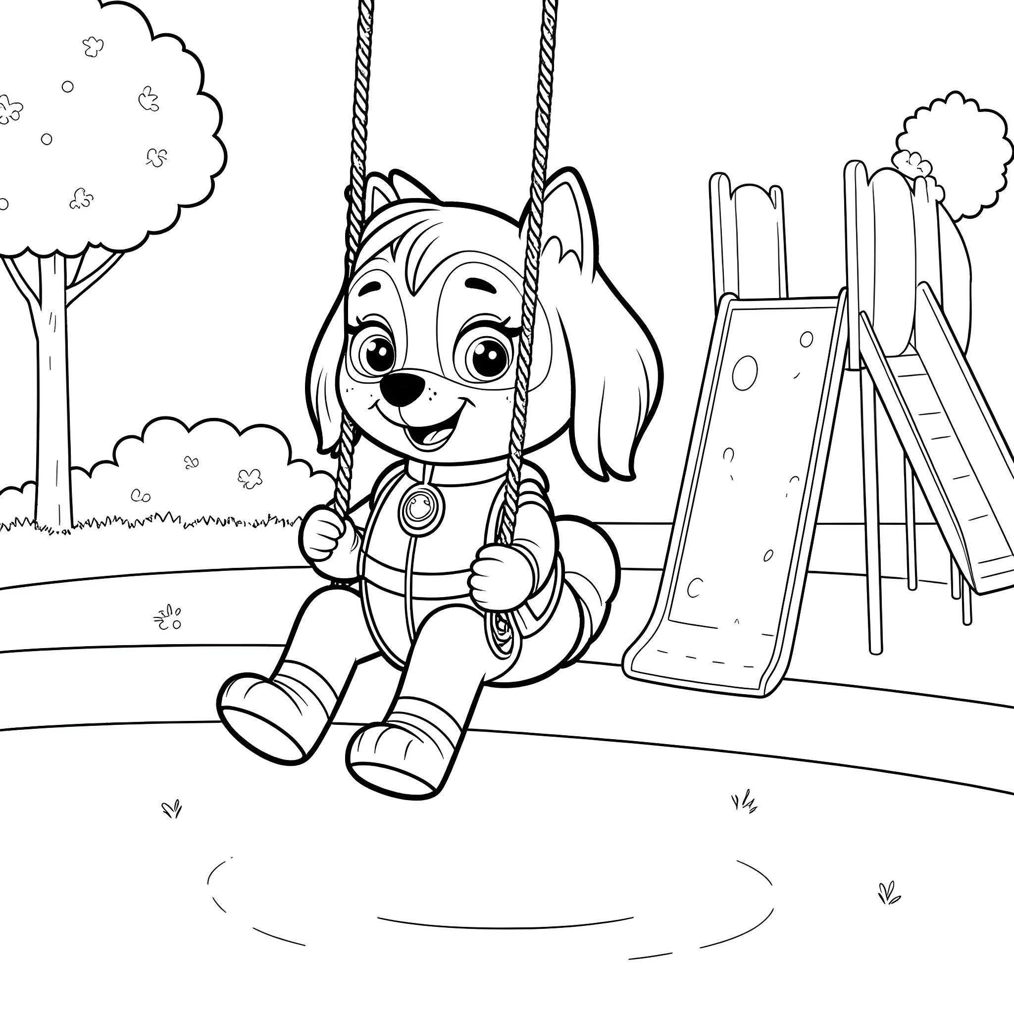 Skye enjoying the playground equipment Coloring Page (free black-and-white line drawing printable PDF for all, from beginners to advanced learners, including children, teens, adults, and seniors)