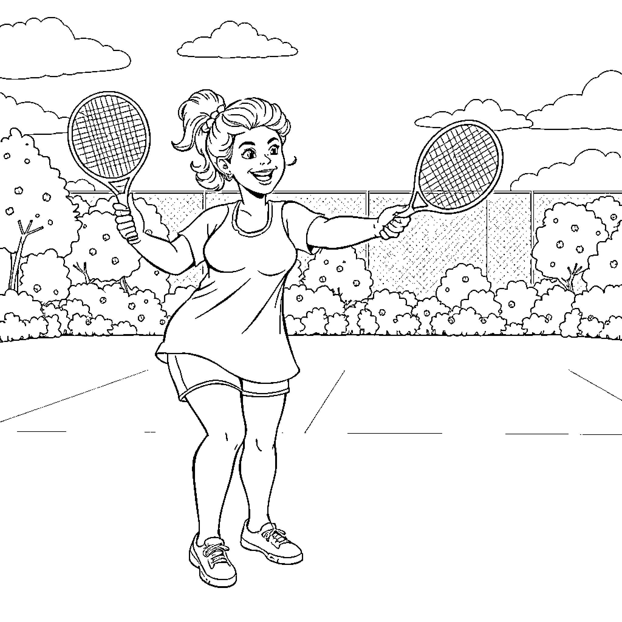 Lady playing tennis on the court Coloring Page (free black-and-white line drawing printable PDF for all, from beginners to advanced learners, including children, teens, adults, and seniors)