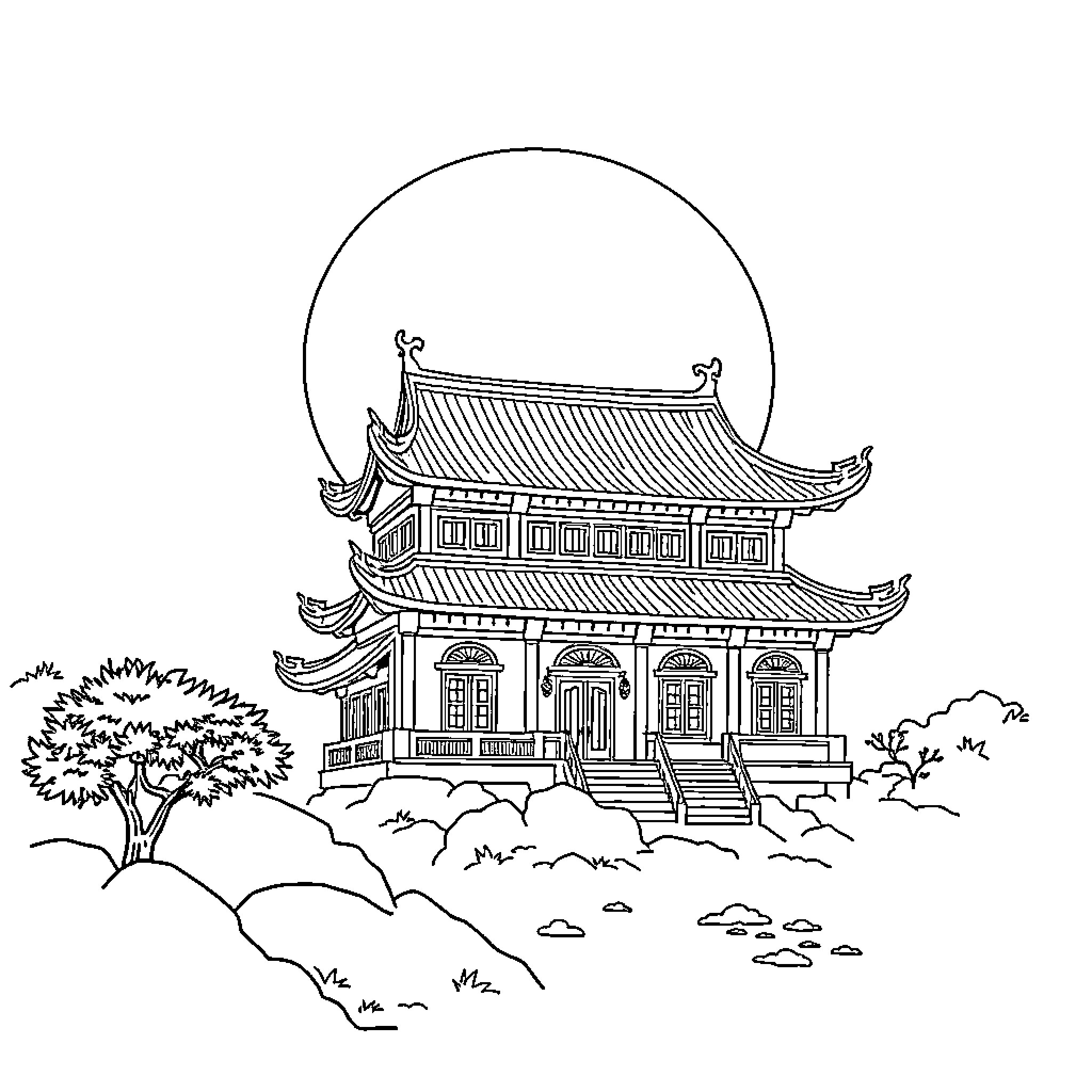 Mid Autumn Festival Chinese Temple on Hill Coloring Page (free black-and-white line drawing printable PDF for all, from beginners to advanced learners, including children, teens, adults, and seniors)
