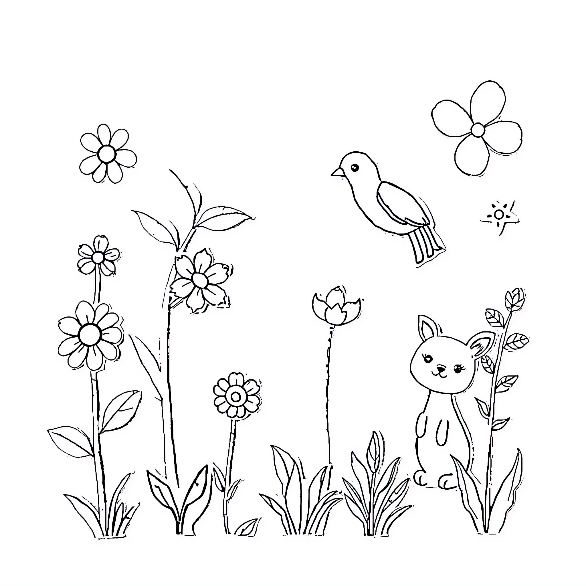 Plant life with animals in natural scene Coloring Page (free black-and-white line drawing printable PDF for all, from beginners to advanced learners, including children, teens, adults, and seniors)
