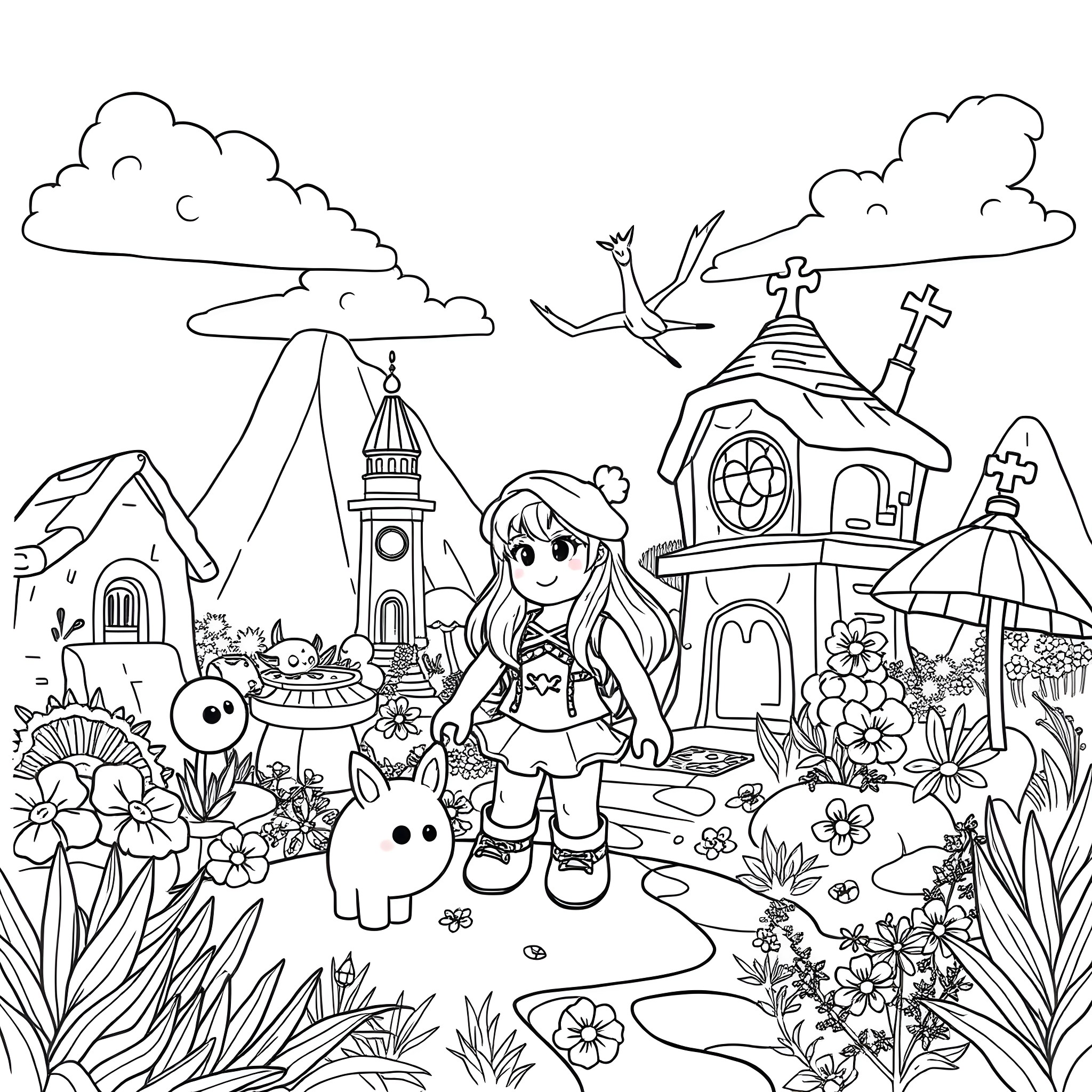 Roblox character exploring a whimsical fantasy world Coloring Page (free black-and-white line drawing printable PDF for all, from beginners to advanced learners, including children, teens, adults, and seniors)