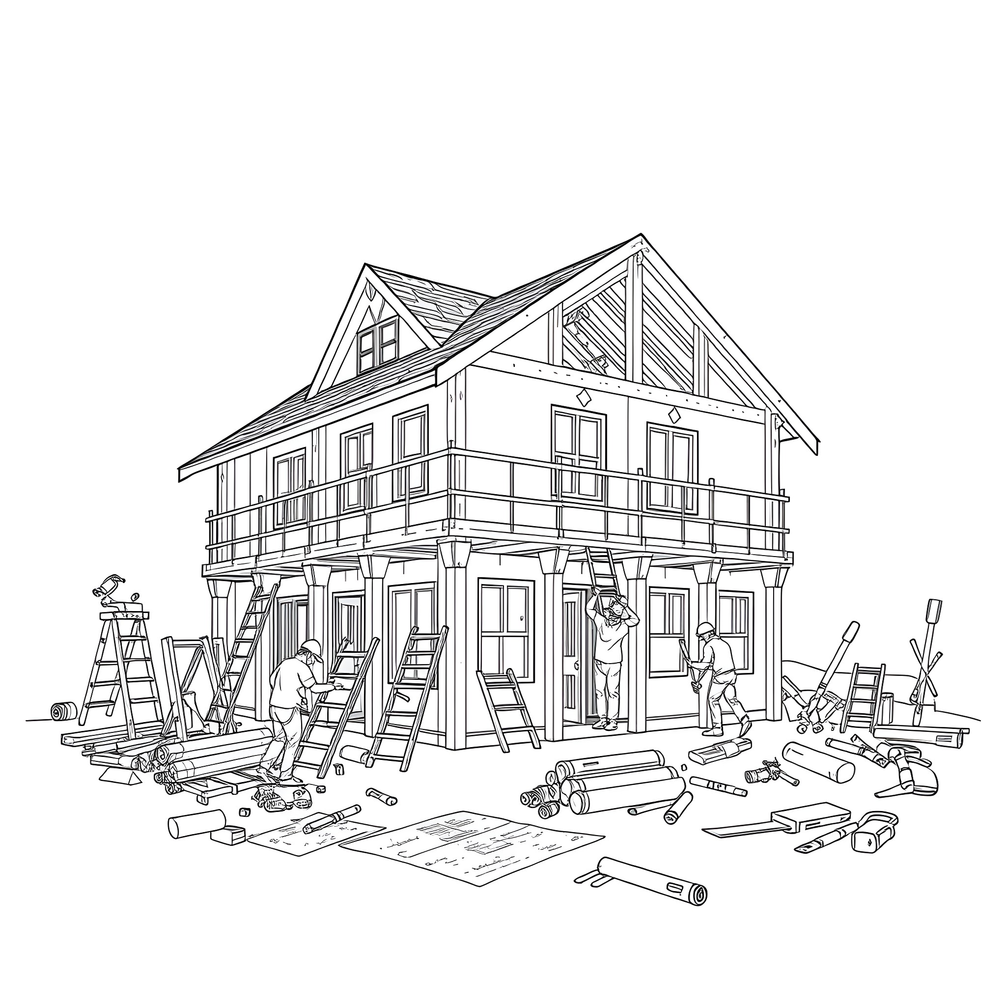 House under construction with workers and tools Coloring Page (free black-and-white line drawing printable PDF for all, from beginners to advanced learners, including children, teens, adults, and seniors)