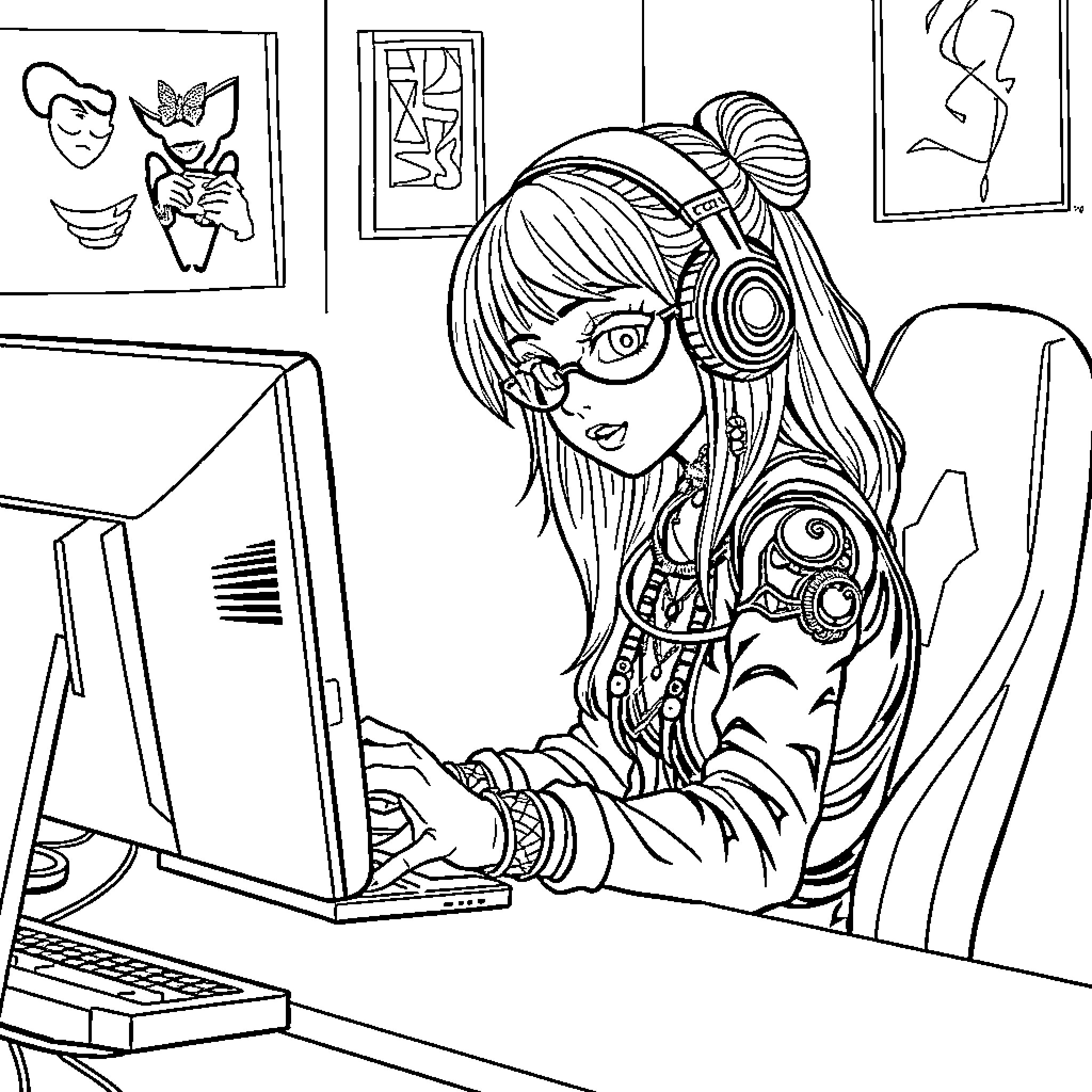 Gamer Girl Focused on Gaming in Colorful Room Coloring Page (free black-and-white line drawing printable PDF for all, from beginners to advanced learners, including children, teens, adults, and seniors)