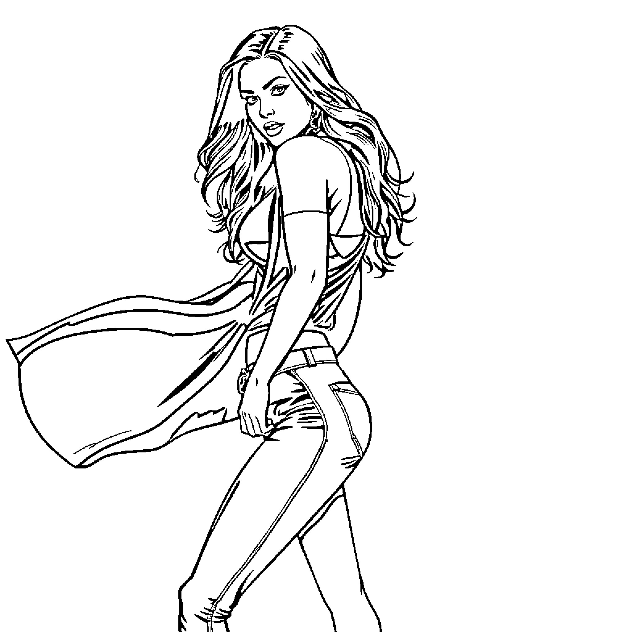 Megan Fox in casual yet stylish outfit Coloring Page (free black-and-white line drawing printable PDF for all, from beginners to advanced learners, including children, teens, adults, and seniors)