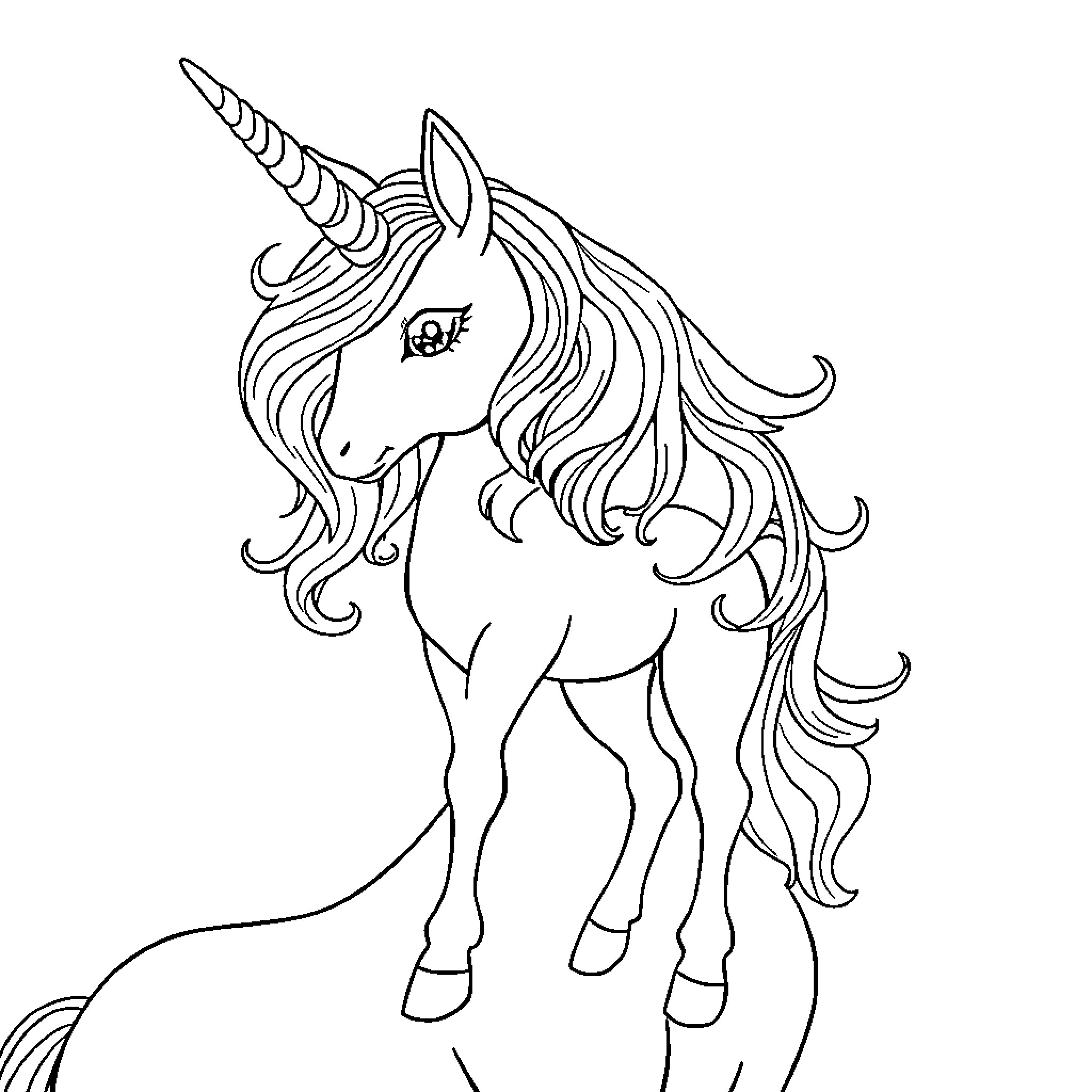 Unicorn with flowing mane and horn Coloring Page (free black-and-white line drawing printable PDF for all, from beginners to advanced learners, including children, teens, adults, and seniors)