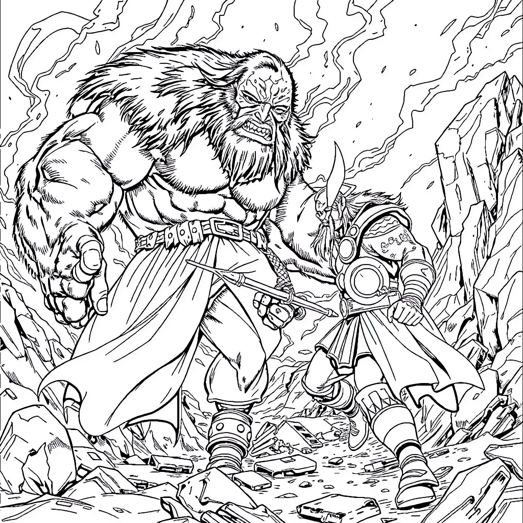 Thor battling a monstrous creature in a rugged terrain Coloring Page (free black-and-white line drawing printable PDF for all, from beginners to advanced learners, including children, teens, adults, and seniors)