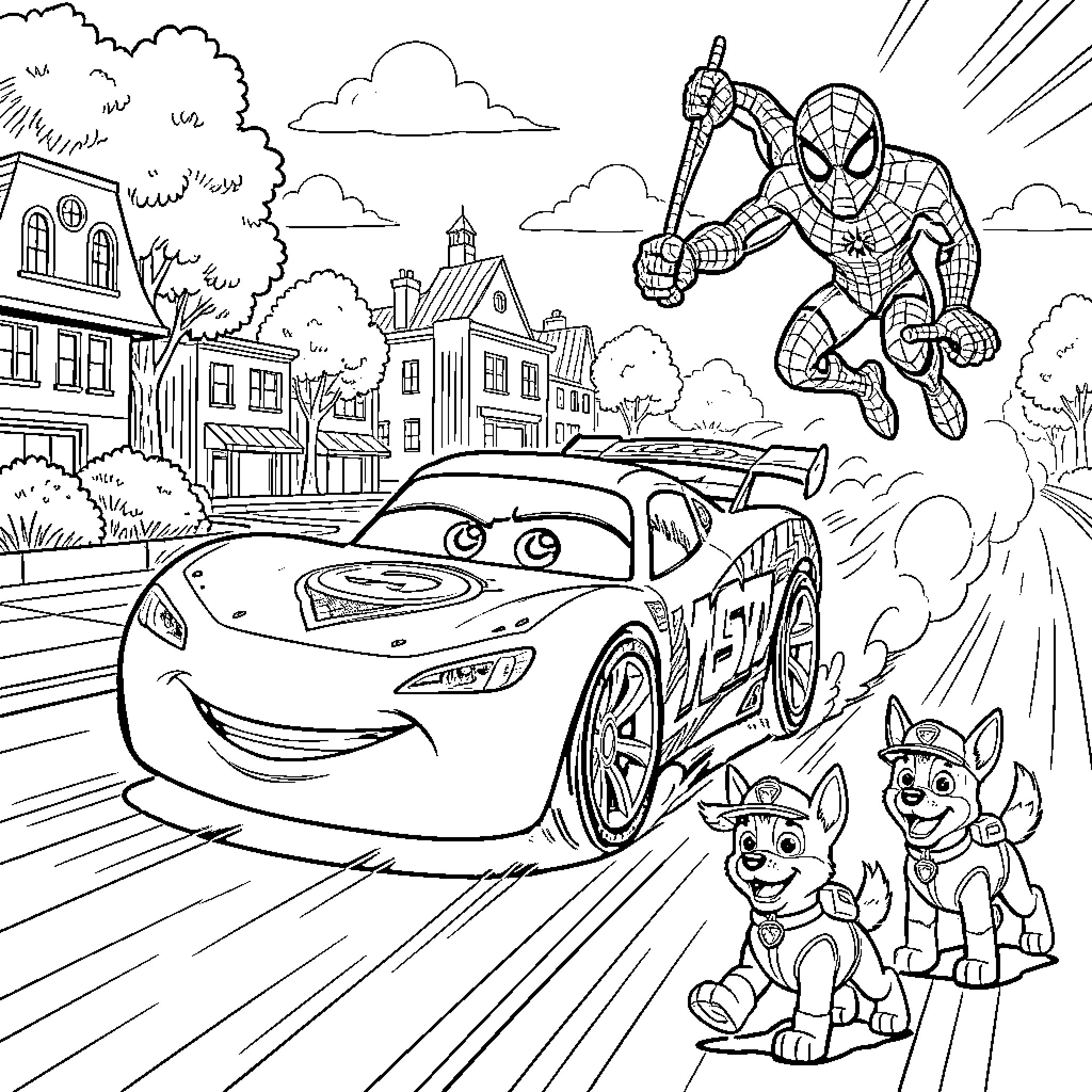 Flash McQueen racing through town with Spider-Man and pups Coloring Page (free black-and-white line drawing printable PDF for all, from beginners to advanced learners, including children, teens, adults, and seniors)