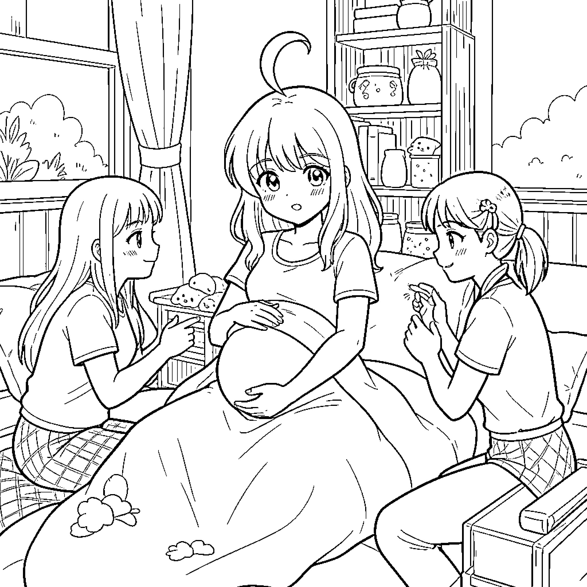 Anime Girl sitting on a bed with friends Coloring Page (free black-and-white line drawing printable PDF for all, from beginners to advanced learners, including children, teens, adults, and seniors)