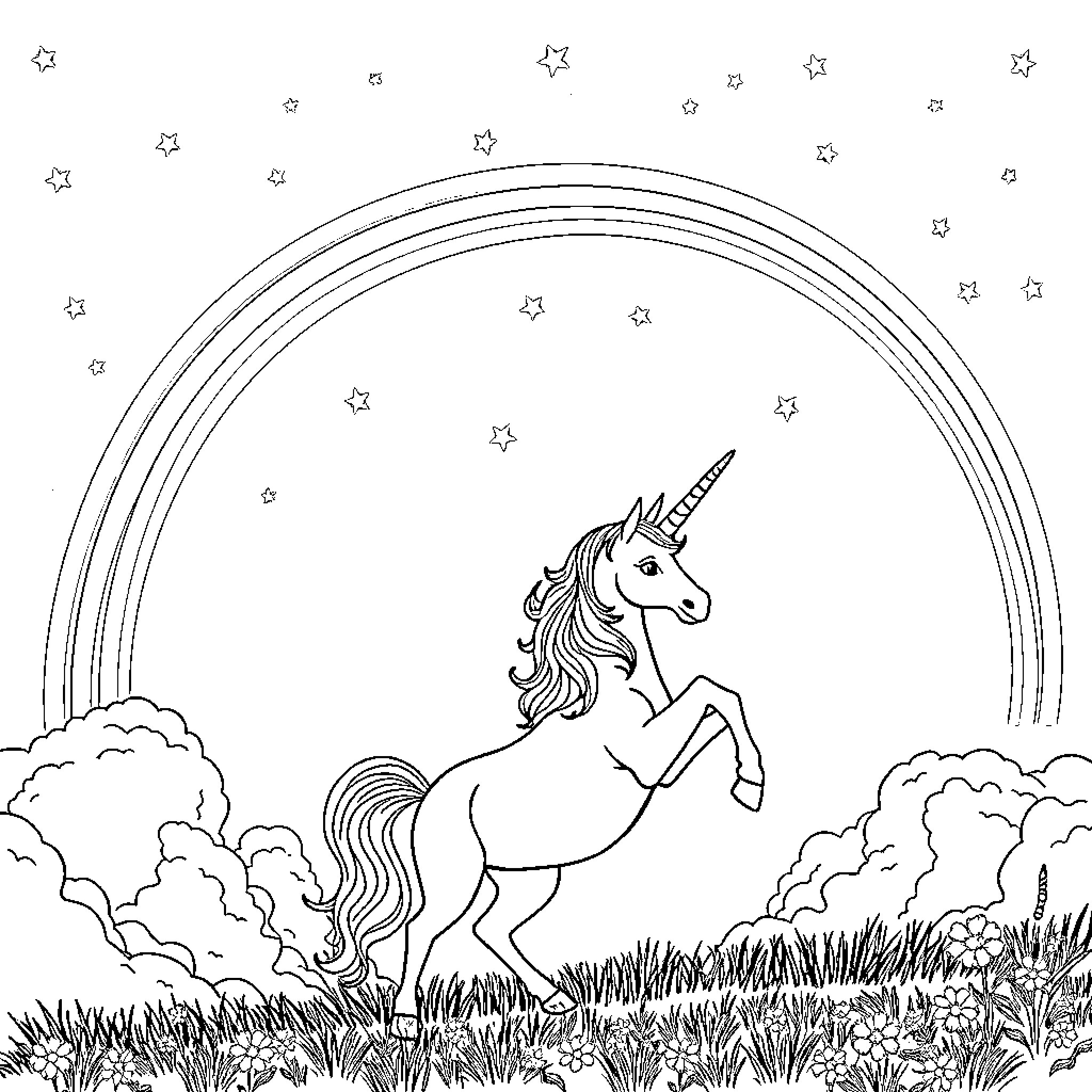 Unicorn frolicking in a whimsical meadow Coloring Page (free black-and-white line drawing printable PDF for all, from beginners to advanced learners, including children, teens, adults, and seniors)