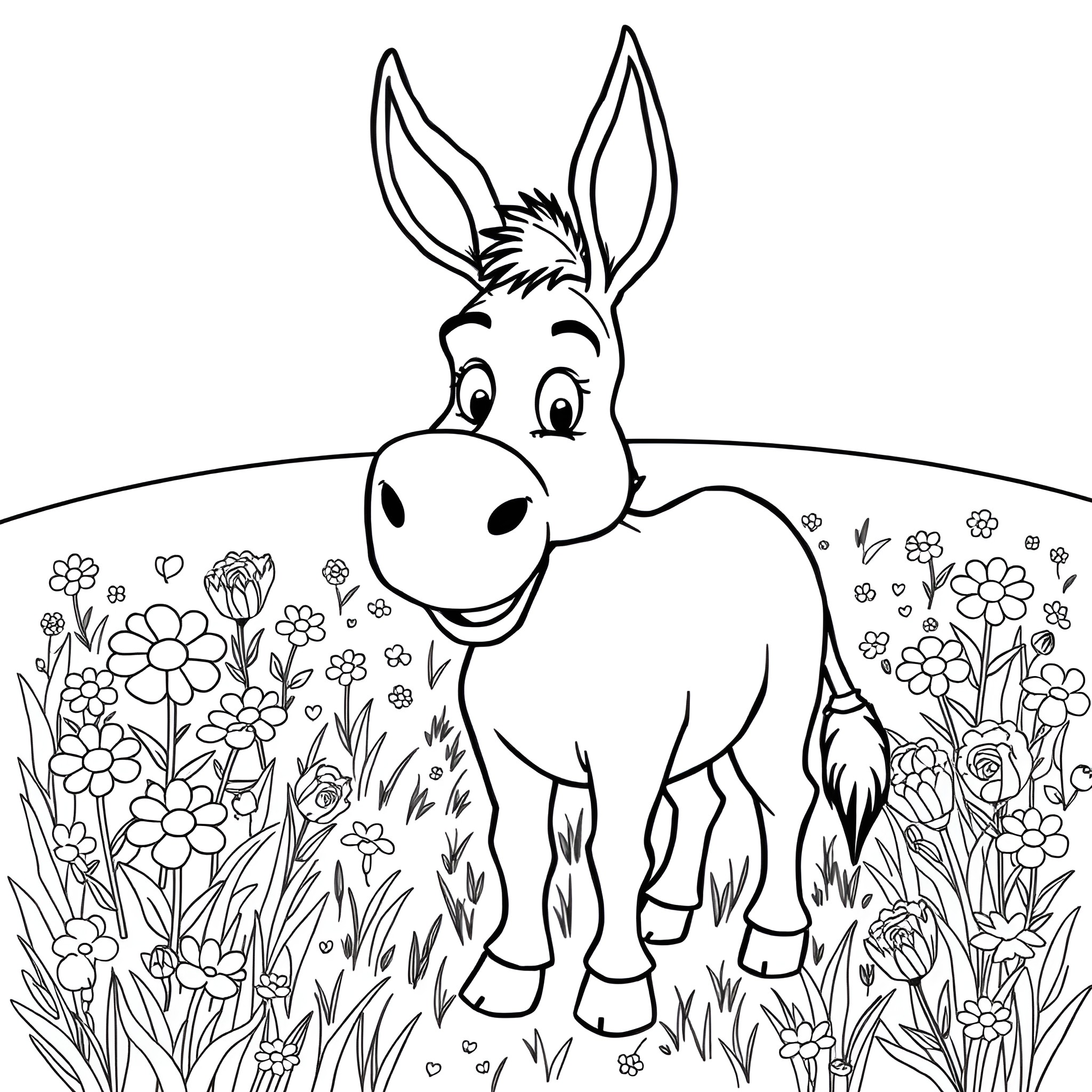 Ass smiling in a field of flowers Coloring Page (free black-and-white line drawing printable PDF for all, from beginners to advanced learners, including children, teens, adults, and seniors)