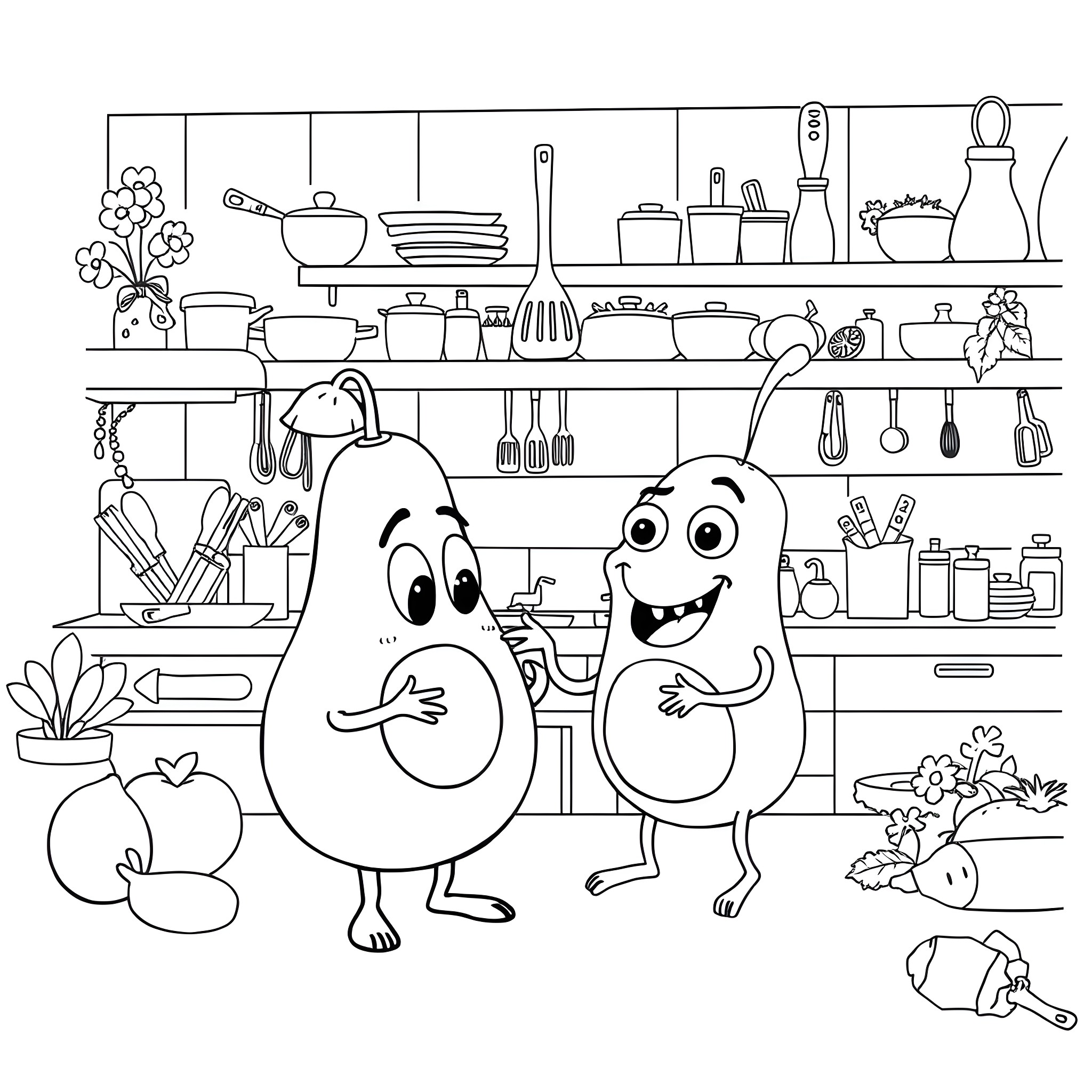 Guacamole characters in a lively kitchen scene Coloring Page (free black-and-white line drawing printable PDF for all, from beginners to advanced learners, including children, teens, adults, and seniors)