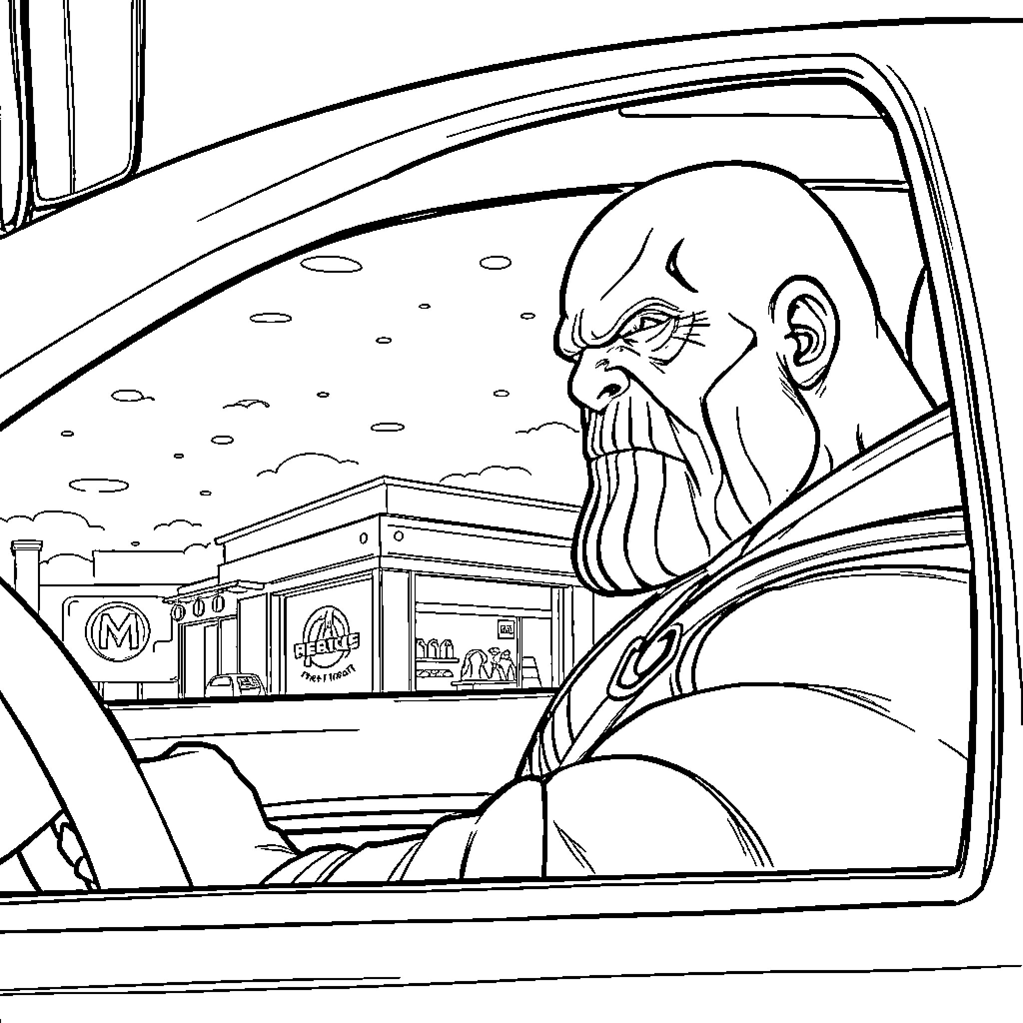 Thanos contemplating his next move in the vehicle Coloring Page (free black-and-white line drawing printable PDF for all, from beginners to advanced learners, including children, teens, adults, and seniors)