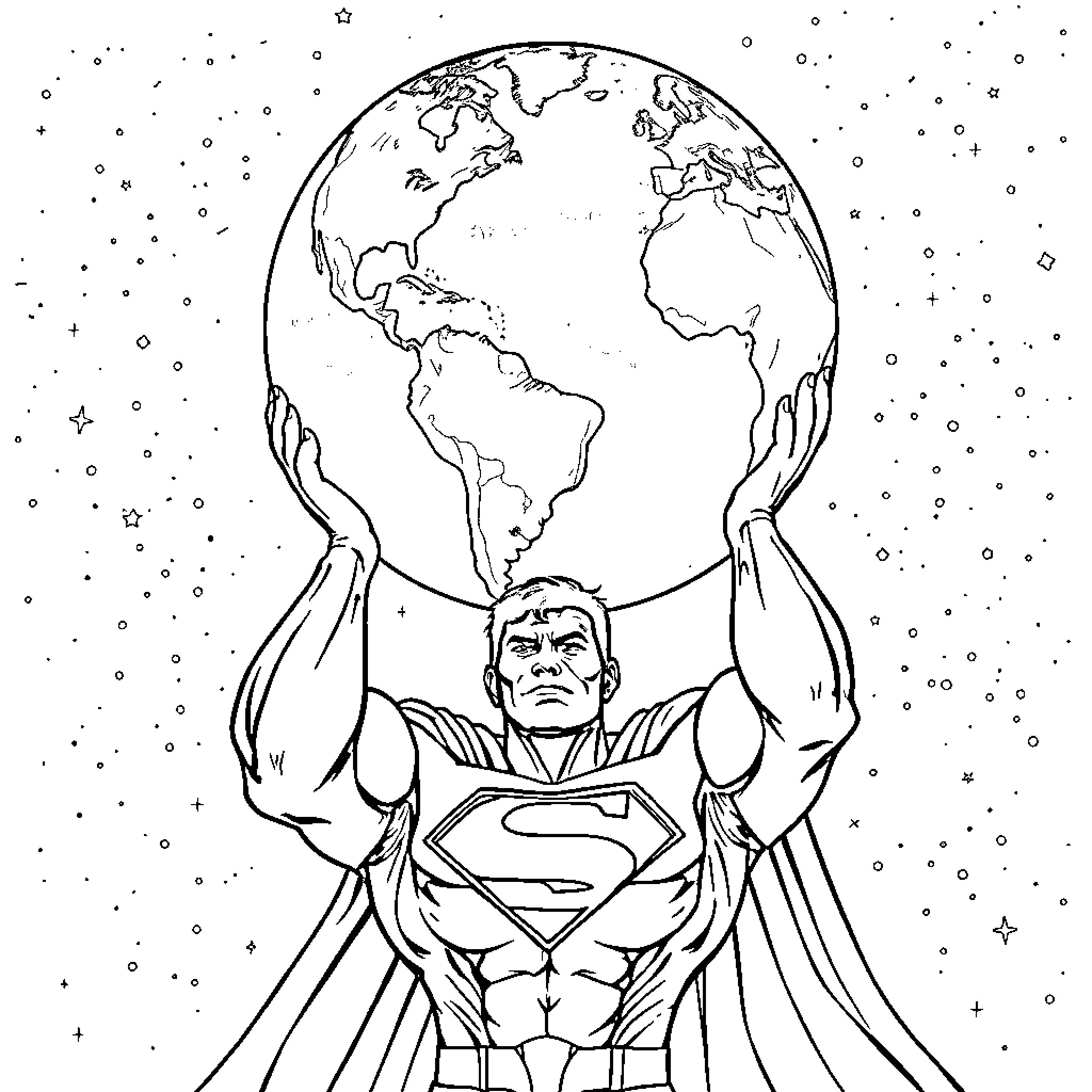 Superman holding the world in his hands Coloring Page (free black-and-white line drawing printable PDF for all, from beginners to advanced learners, including children, teens, adults, and seniors)