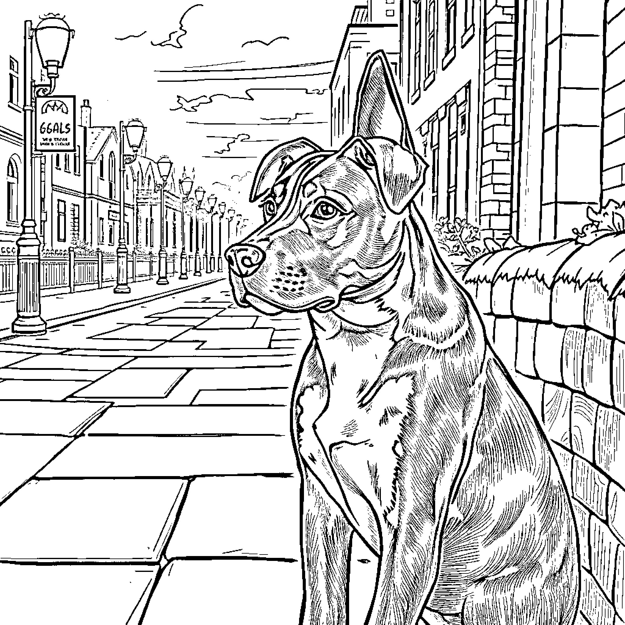 Borador dog exploring the city streets Coloring Page (free black-and-white line drawing printable PDF for all, from beginners to advanced learners, including children, teens, adults, and seniors)