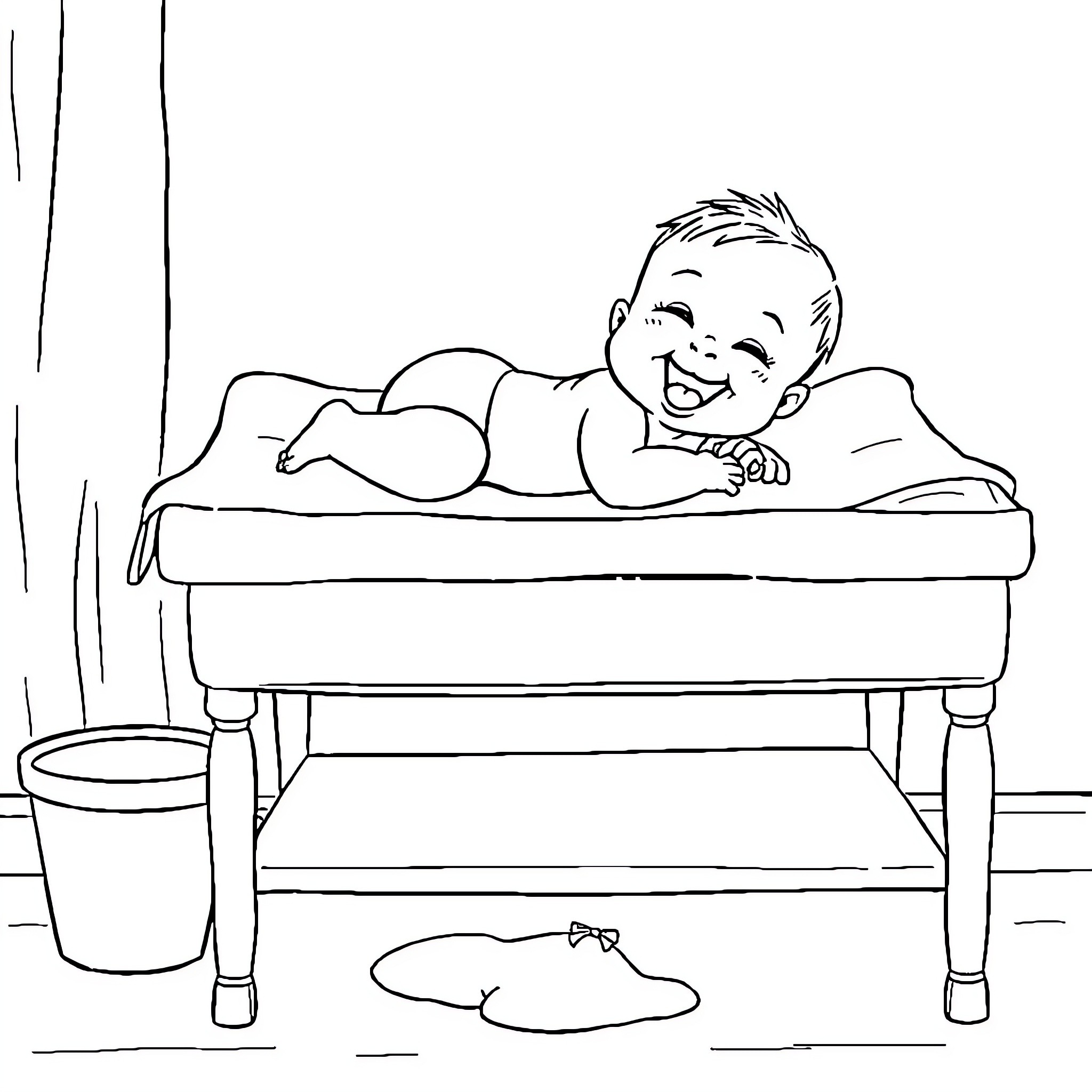 Baby enjoying peaceful moment on changing table Coloring Page (free black-and-white line drawing printable PDF for all, from beginners to advanced learners, including children, teens, adults, and seniors)