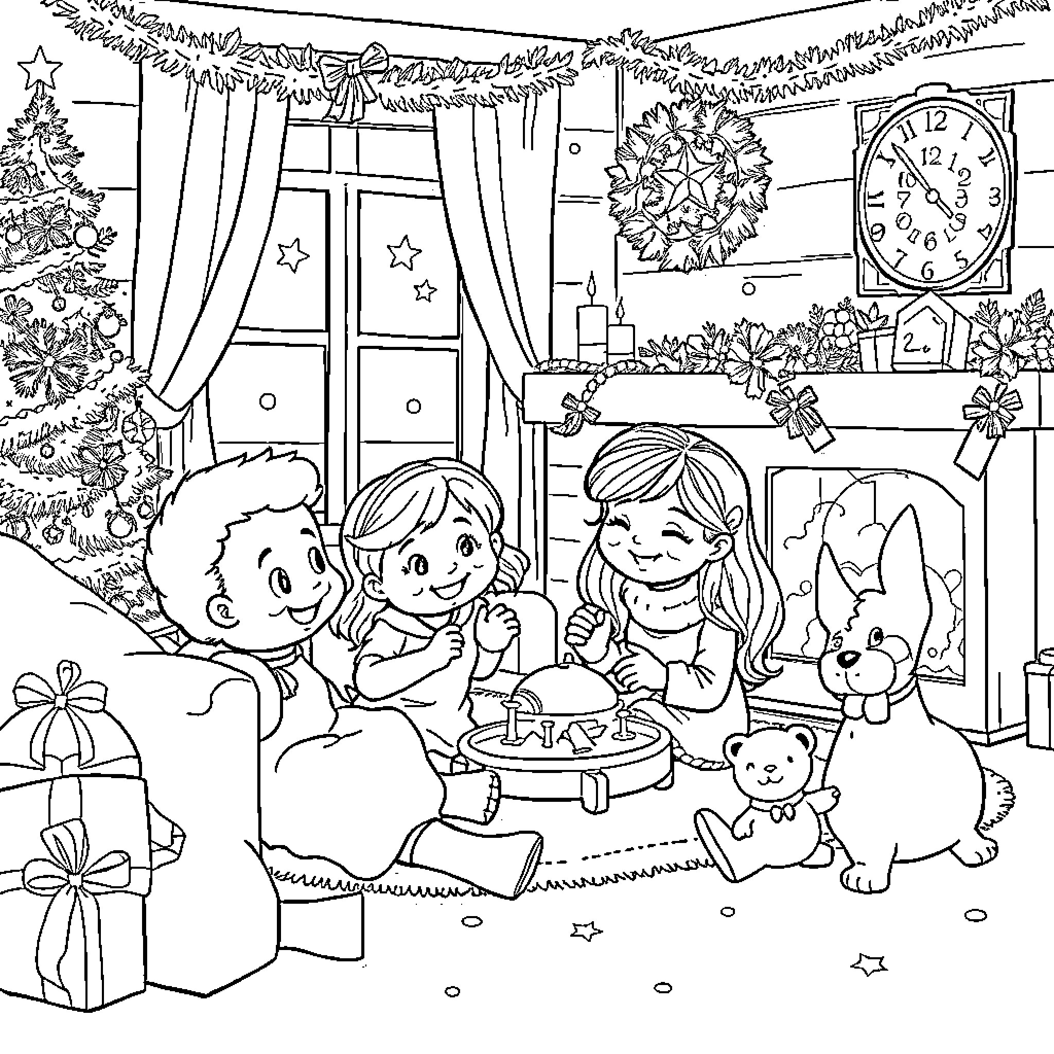 Bluey and friends celebrate Christmas together Coloring Page (free black-and-white line drawing printable PDF for all, from beginners to advanced learners, including children, teens, adults, and seniors)