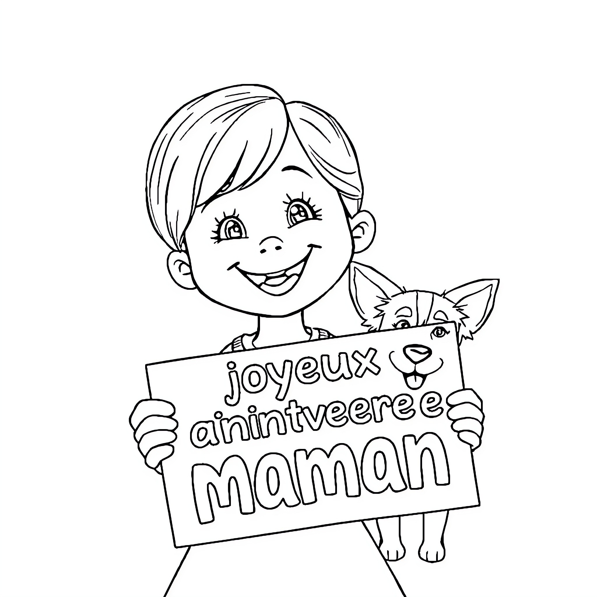 Girl celebrating Mother's Day with her pet Coloring Page (free black-and-white line drawing printable PDF for all, from beginners to advanced learners, including children, teens, adults, and seniors)