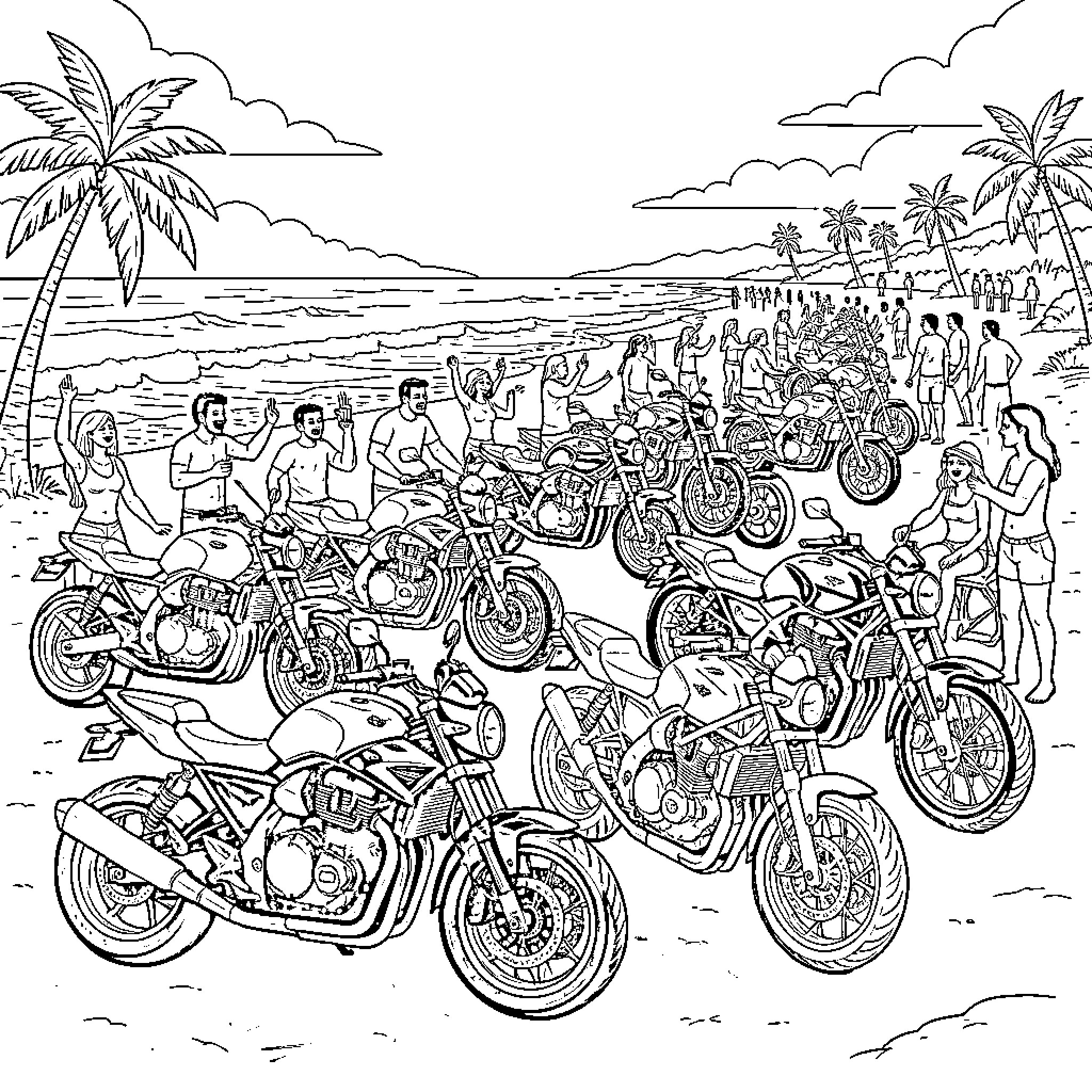 Motorcycle riders enjoying beach day Coloring Page (free black-and-white line drawing printable PDF for all, from beginners to advanced learners, including children, teens, adults, and seniors)