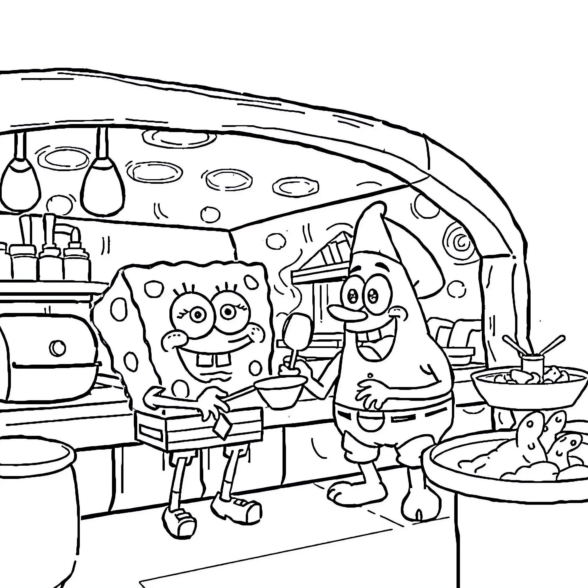 Spongebob and Patrick in the Krusty Krab kitchen Coloring Page (free black-and-white line drawing printable PDF for all, from beginners to advanced learners, including children, teens, adults, and seniors)