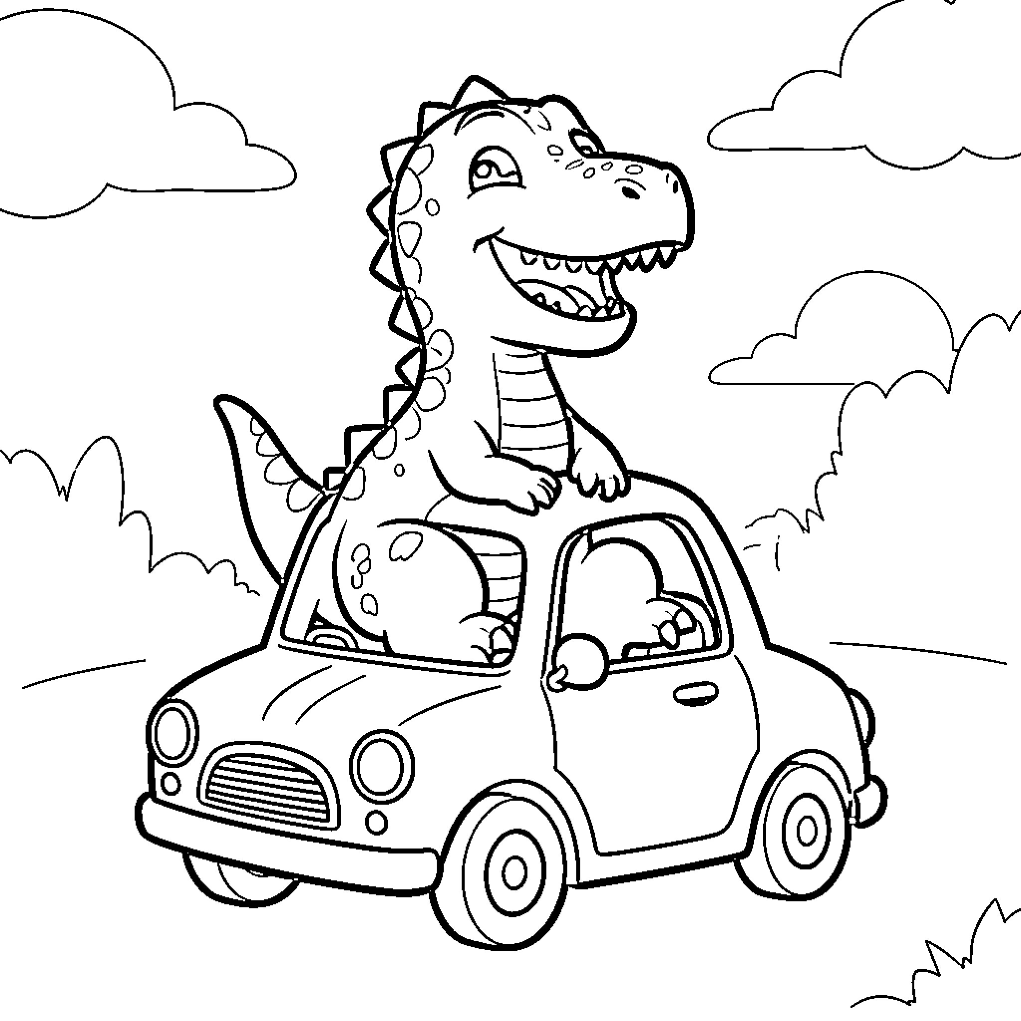 Dinosaur driving a small car with a happy expression Coloring Page (free black-and-white line drawing printable PDF for all, from beginners to advanced learners, including children, teens, adults, and seniors)