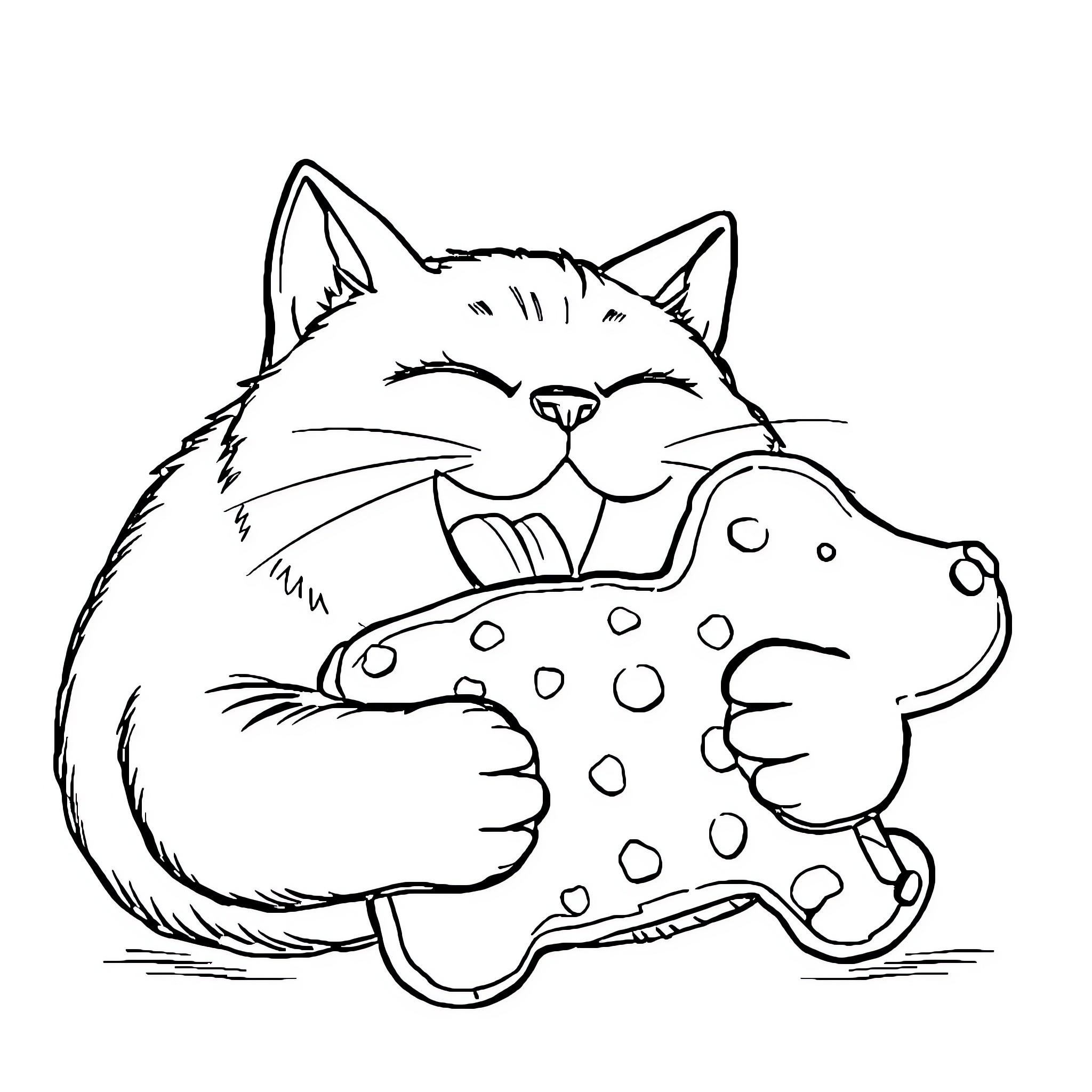 Cat snuggling with spotted toy Coloring Page (free black-and-white line drawing printable PDF for all, from beginners to advanced learners, including children, teens, adults, and seniors)