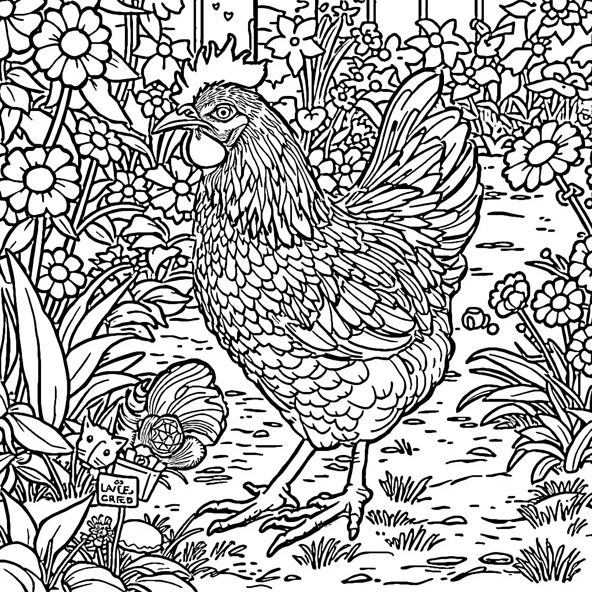 Chicken surrounded by vibrant flowers and plants Coloring Page (free black-and-white line drawing printable PDF for all, from beginners to advanced learners, including children, teens, adults, and seniors)