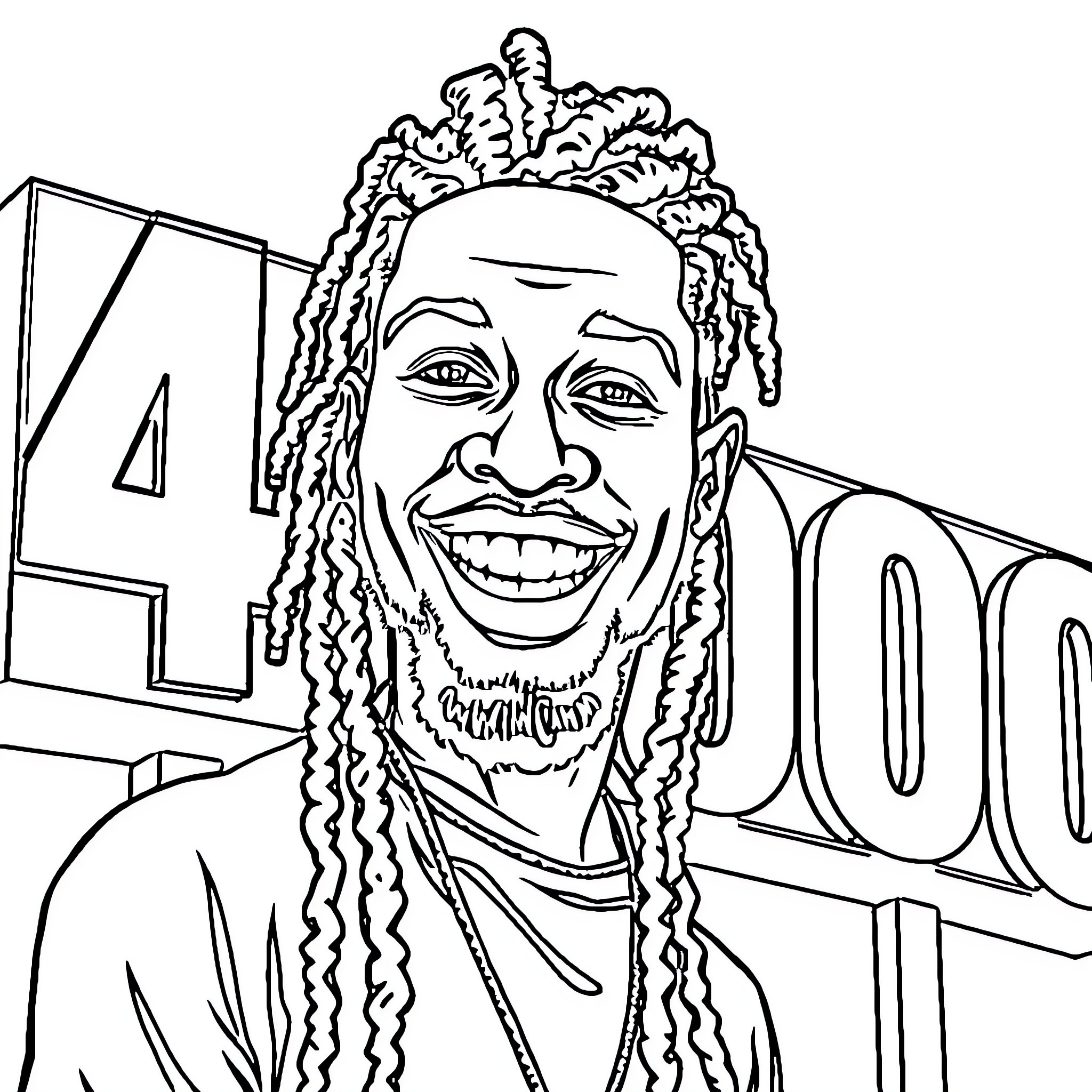 Man with Dreadlocks Smiling Joyfully Coloring Page (free black-and-white line drawing printable PDF for all, from beginners to advanced learners, including children, teens, adults, and seniors)